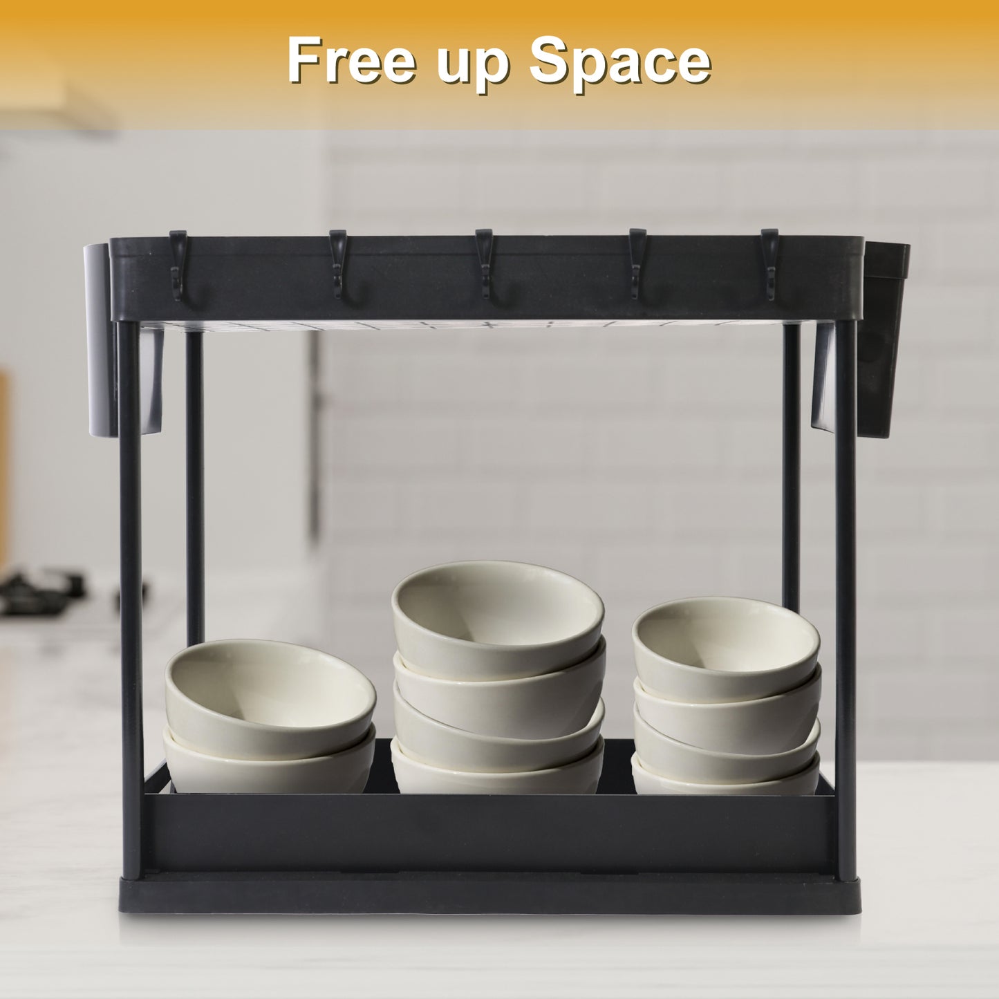 Under Sink Organizers and Storage, 2 Tier Bathroom Under Sink Organizer with Hooks, Hanging Cups, Multi-purpose Storage Drawers, Bathroom Organizers Under Kitchen Sink