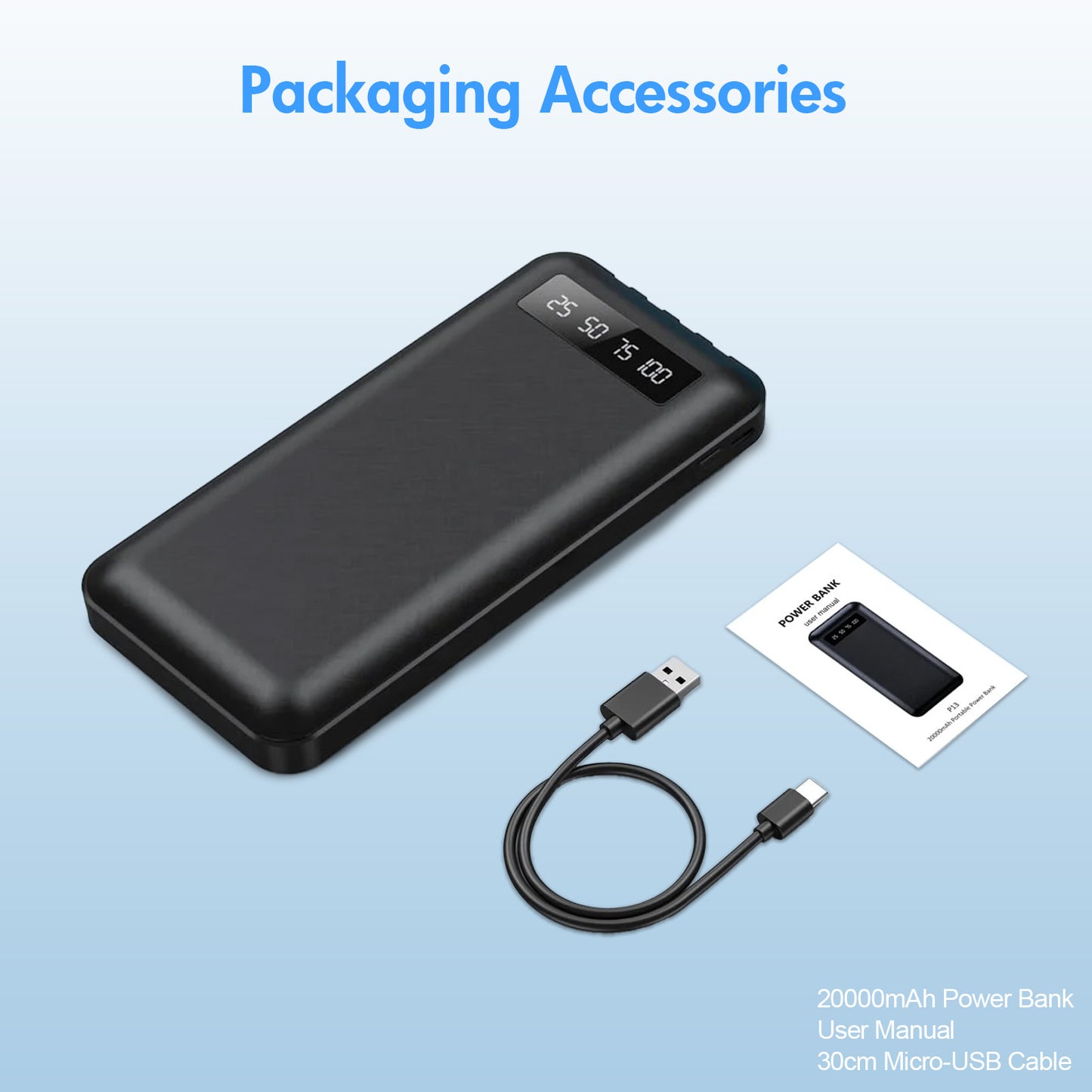 BAOKALER 20000mAh Power Bank Portable Fast Charger with 4 Cables, Compatible with iPhone & Samsung, High-Speed Charging Battery Pack, USB-C Cables, Black