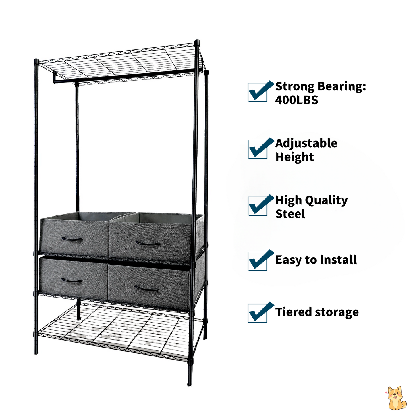 71"H Heavy Duty Clothes Rack, Max Load 445 LBS, Freestanding 3-Tier Wire Garment Rack for Hanging Clothes with Shelves, Closet Organizers and Storage Metal Closet Wardrobe System, Black