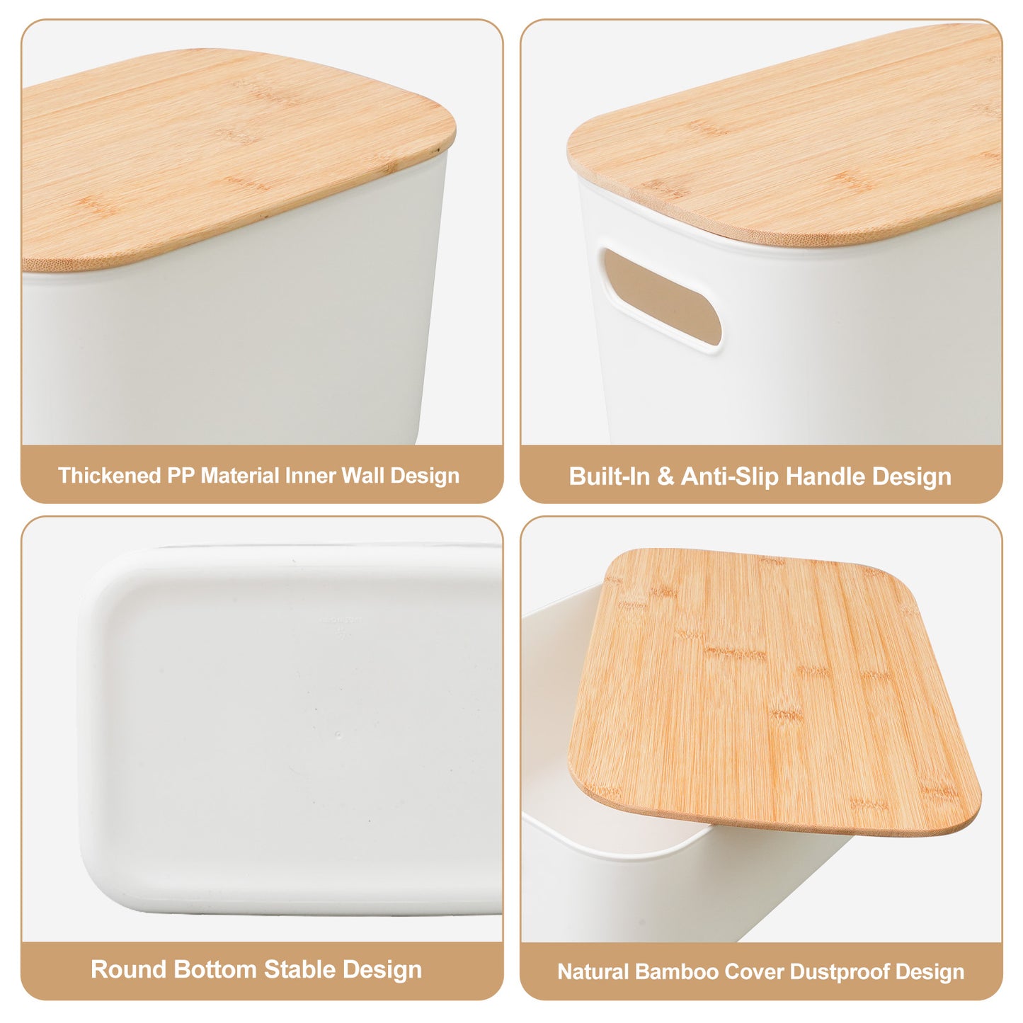 CATGOOD 2PCS Premium Minimalist Storage Boxes with Bamboo Lids, Plastic Storage Baskets, White Stackable Storage Bins with Lids for Kitchen, Cabinet, Bathroom, 10.24"x7.09"x6.3"