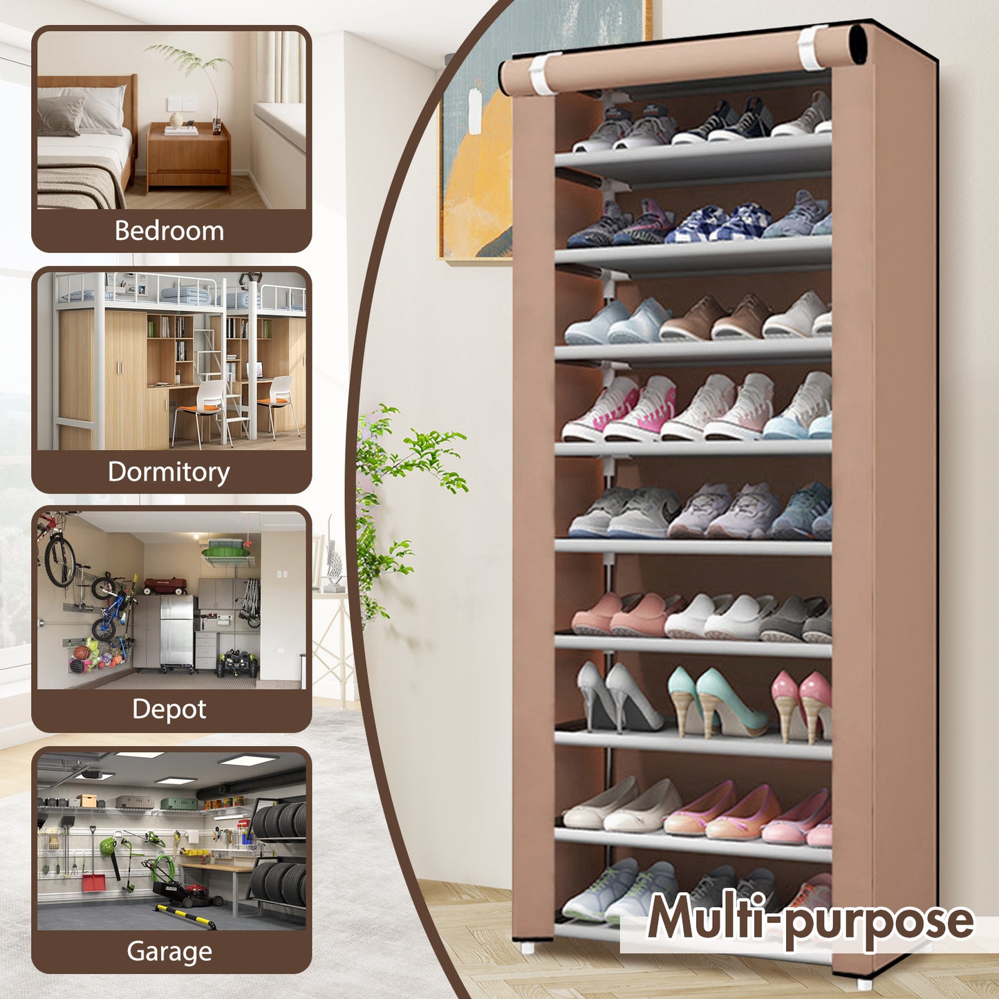 Portable Shoe Rack, 10-Tier 27 Paris Shoe Storage Cabinet with Cover, Non-Woven Fabric Shoe Storage Organizer, 9 Lattices Shoe Cabinet Tower Shelf Closet Coffee