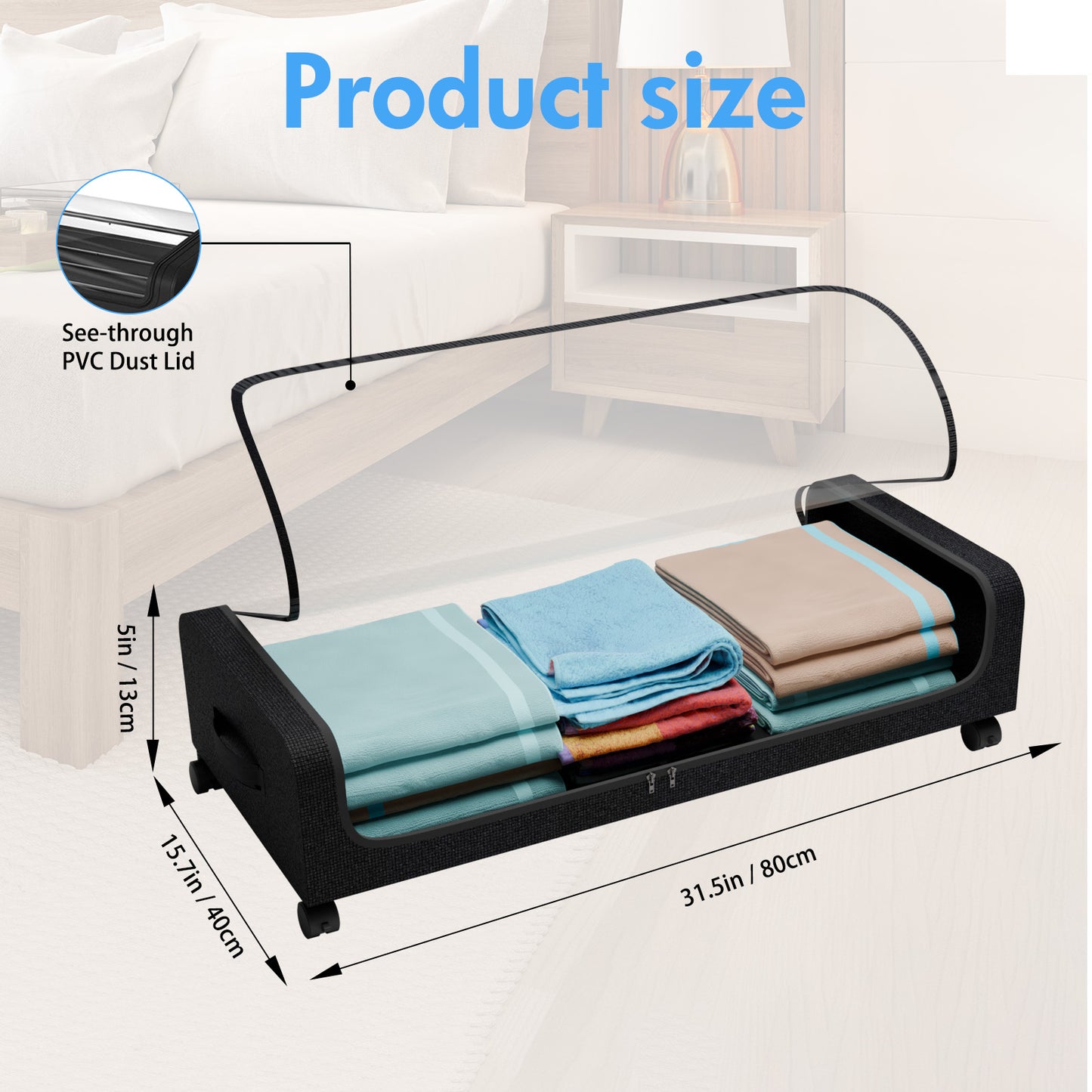 Under Bed Storage with Wheels and Lid, Under Bed Rolling Storage with Large Capacity, Under the Bed Storage for Bedroom Under Bed Storage Containers for Clothes Shoe Blanket Toy Book,2Pack,Black