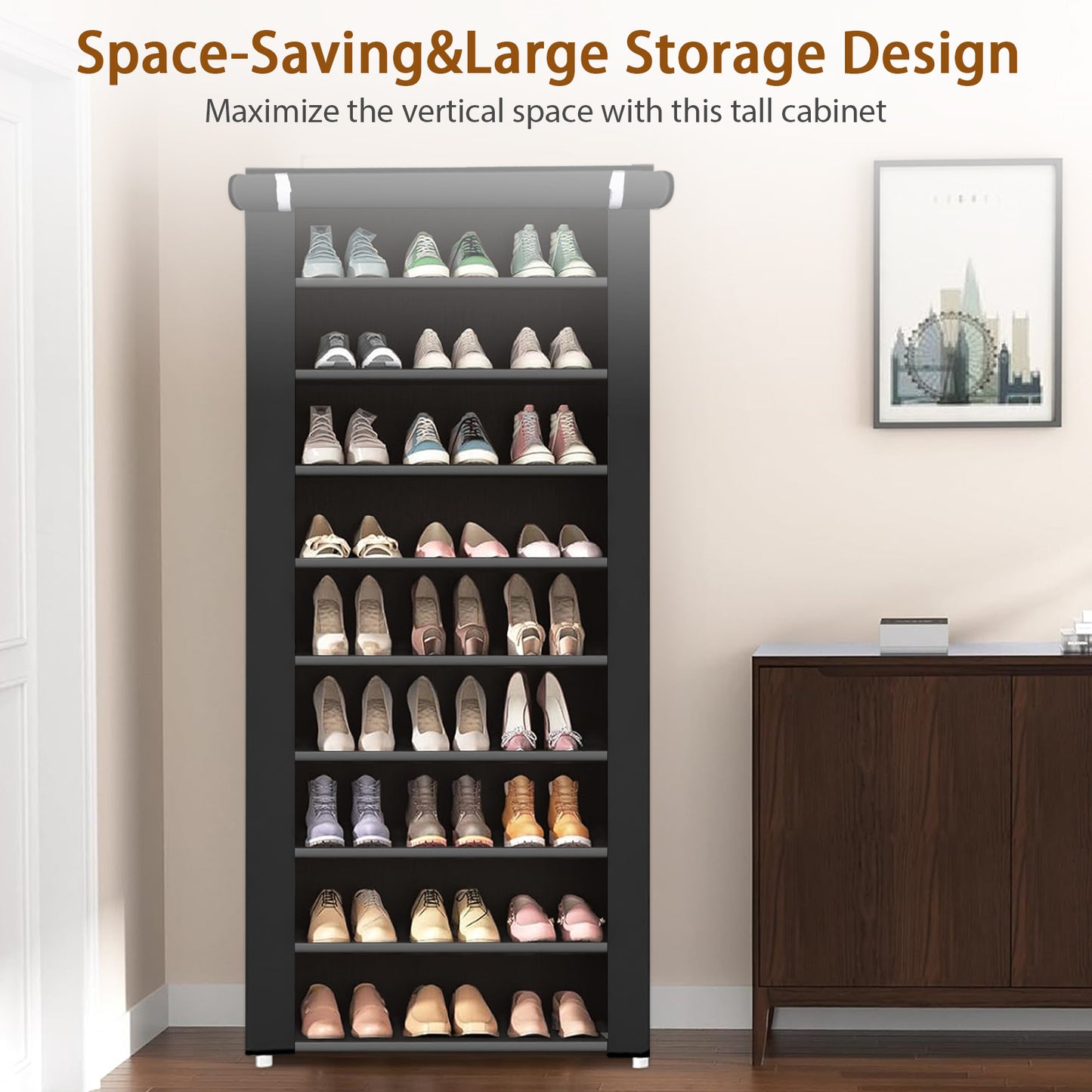 BAOKALER Portable Shoe Rack, 10-Tier 27 Paris Shoe Storage Cabinet with Cover, Non-Woven Fabric Shoe Storage Organizer 62.99*23.62*15.7 inch, Black