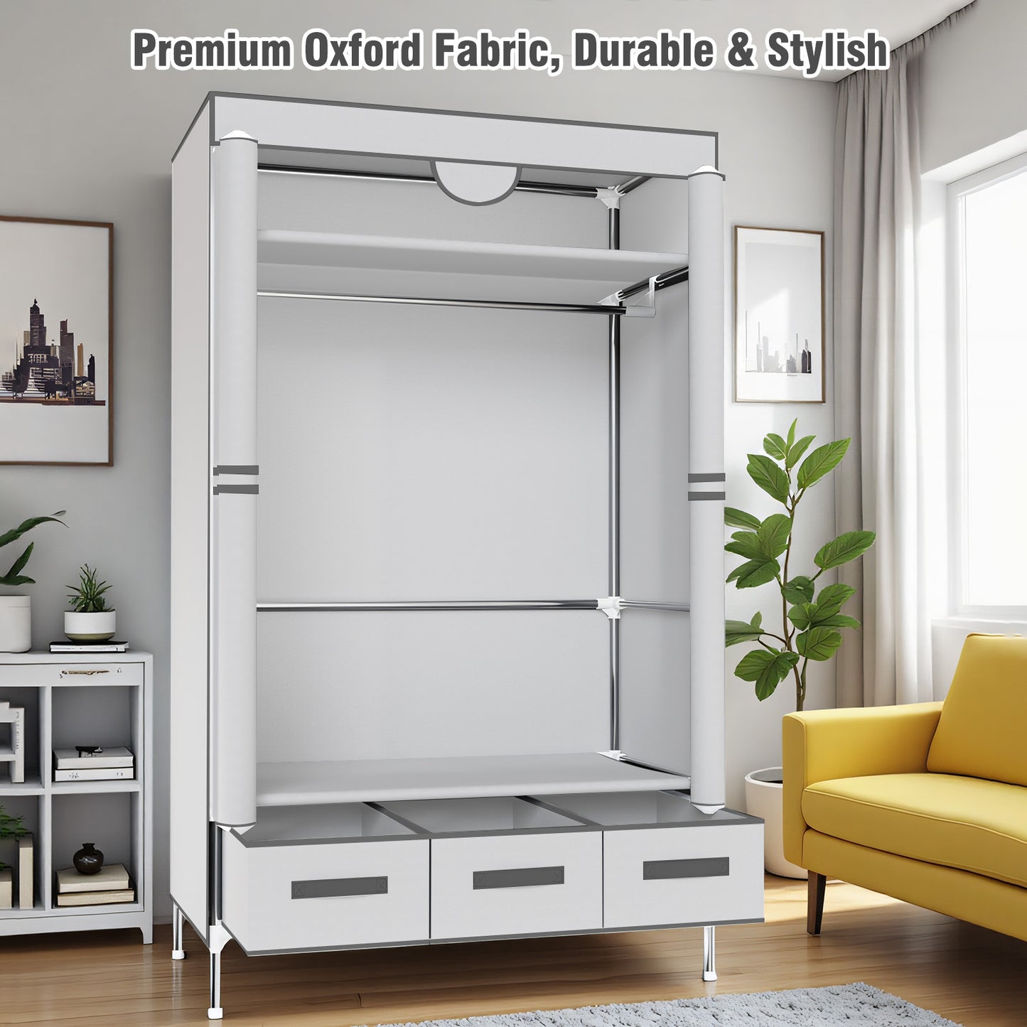 Portable Closet Wardrobe with 3 Storage Drawersfor Home Bedroom, 67 Inches Tall Closet Organizer with Hanging Space for Coats and Bags, turdy & Easy to Assemble, Off-White