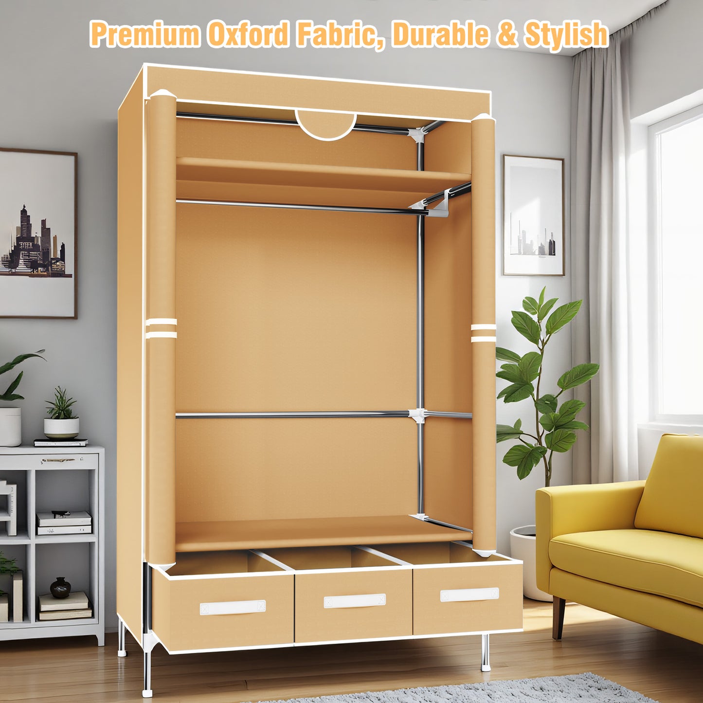 Non-Woven Fabric Closet Organizer for Coats and Bags, Portable Wardrobe Closet Includes 3 Storage Drawers for Home Bedroom, Sturdy & Easy to Assemble, Light Coffee