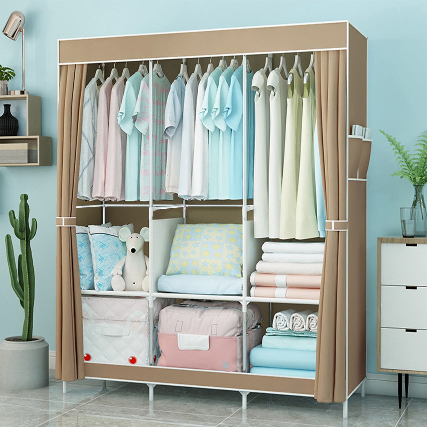 BAOKALER Portable Wardrobe Closet Storage with Cover, Non-Woven Fabric Closet Organizers and Storage, Coffee