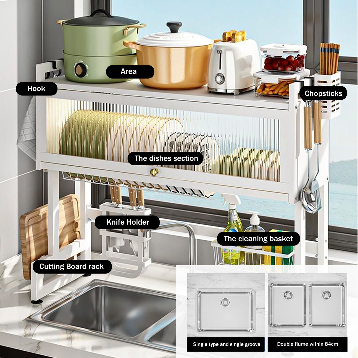 Over The Sink Dish Drying Rack, 2 Tier Metal Steel Dish Drying Racks for Kitchen Counter with Hooks Paper Towel Utensil Cup Holder Sink Caddy (White-37.4"L)