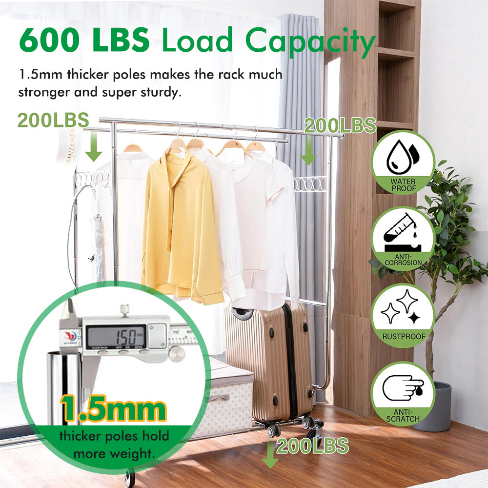 Baokaler 600 lbs Heavy Duty Garment rack with Shelves Collapsible Clothing racks on Wheels rolling Clothes rack for Hanging Clothes Portable Adjustable, Chrome Finish