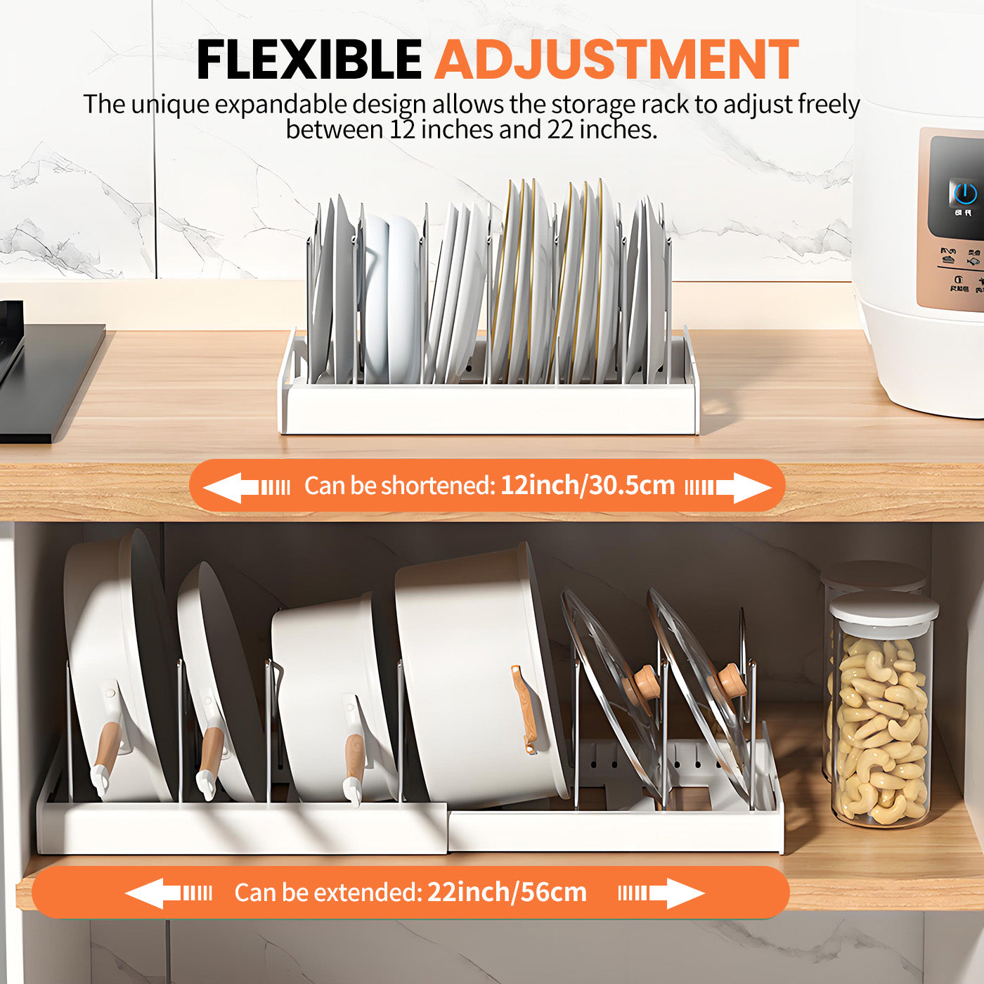 Expandable Pan Organizer with 12 Adjustable Shelves, Multifunctional Pots and Pans Organizer Rack for Kitchen Cabinets, Stainless Steel Pan Rack Lid Holder, White