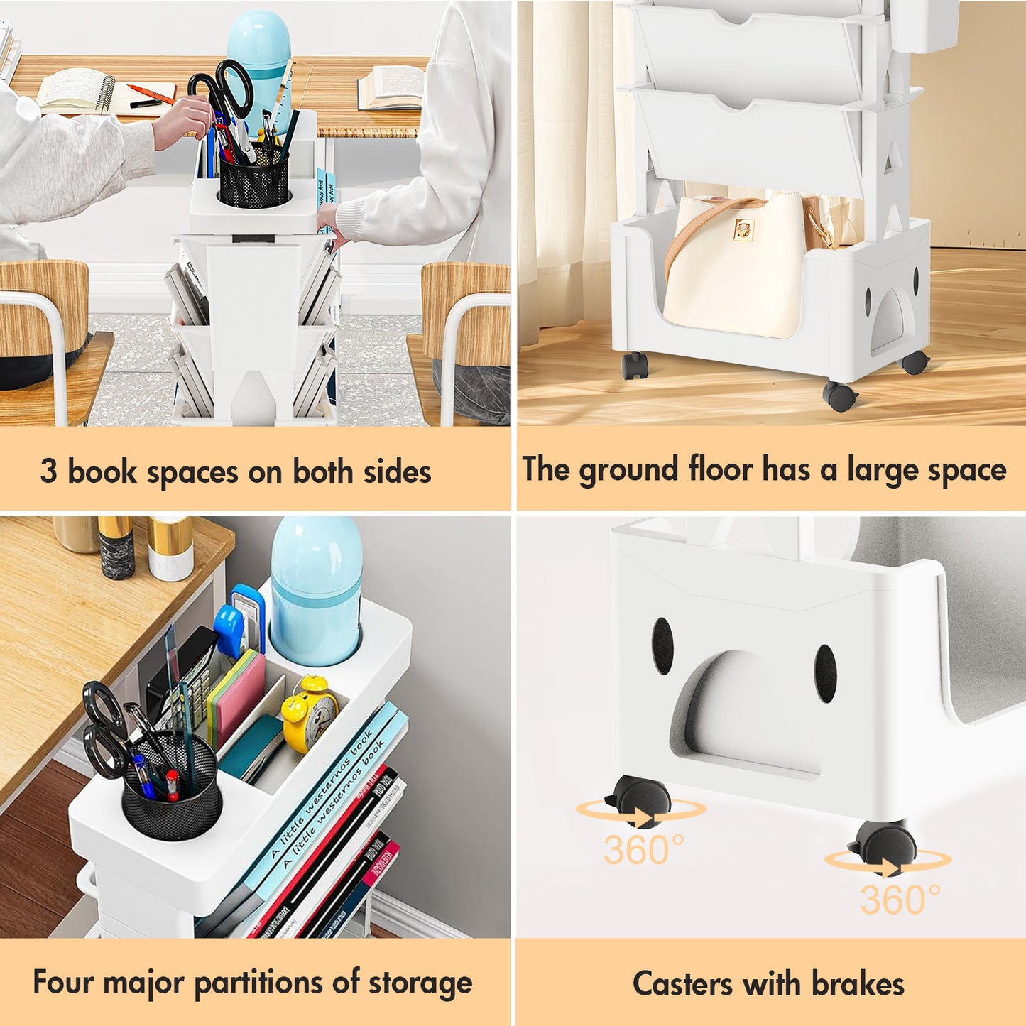 CATGOOD Movable Book Rack with Pen Holder, 5-Tier Storage Bookcase Organizer Mobile Bookshelf Cart with Wheels, Mobile Utility Cart Storage, for Living Room Classroom Office, White