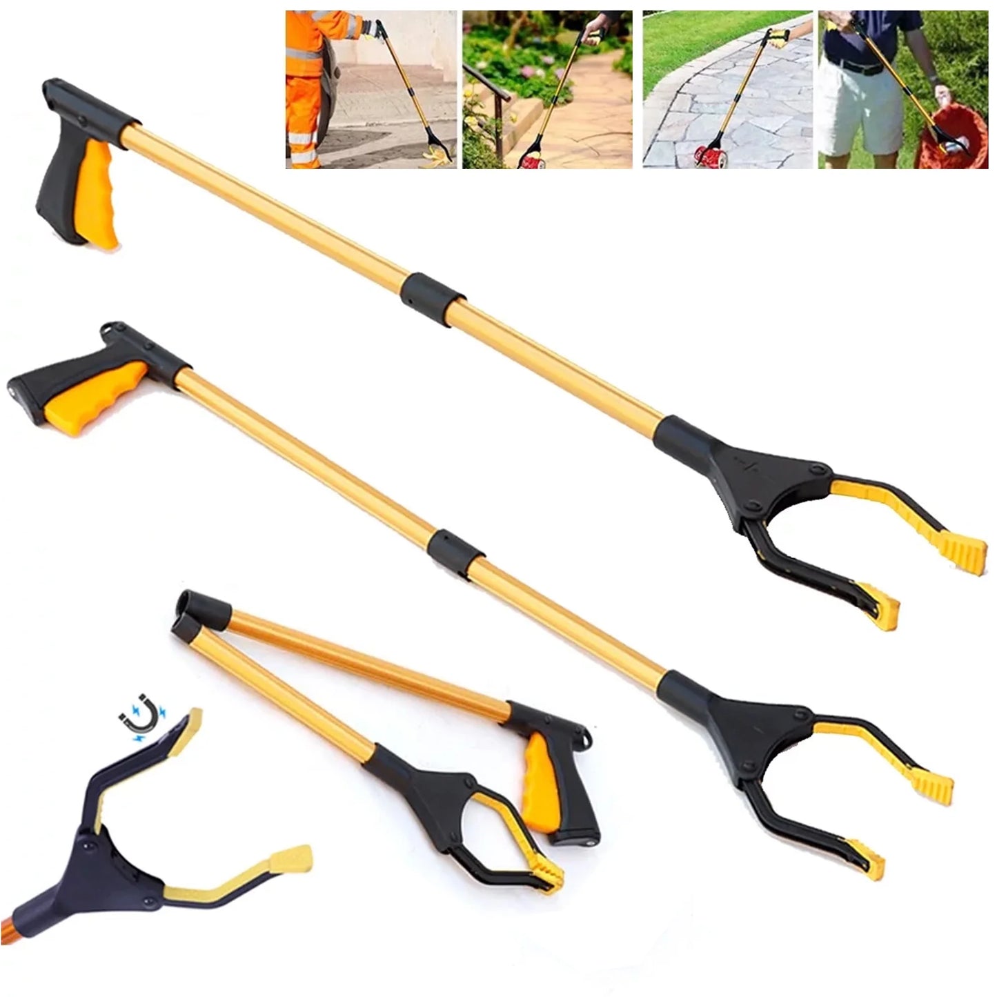 2Pcs Grabber Reacher Tool Foldable Reaching Lightweight Trash Picker Upper Tool Elderly Anti Slip Rotating Rubber Gripper Yellow