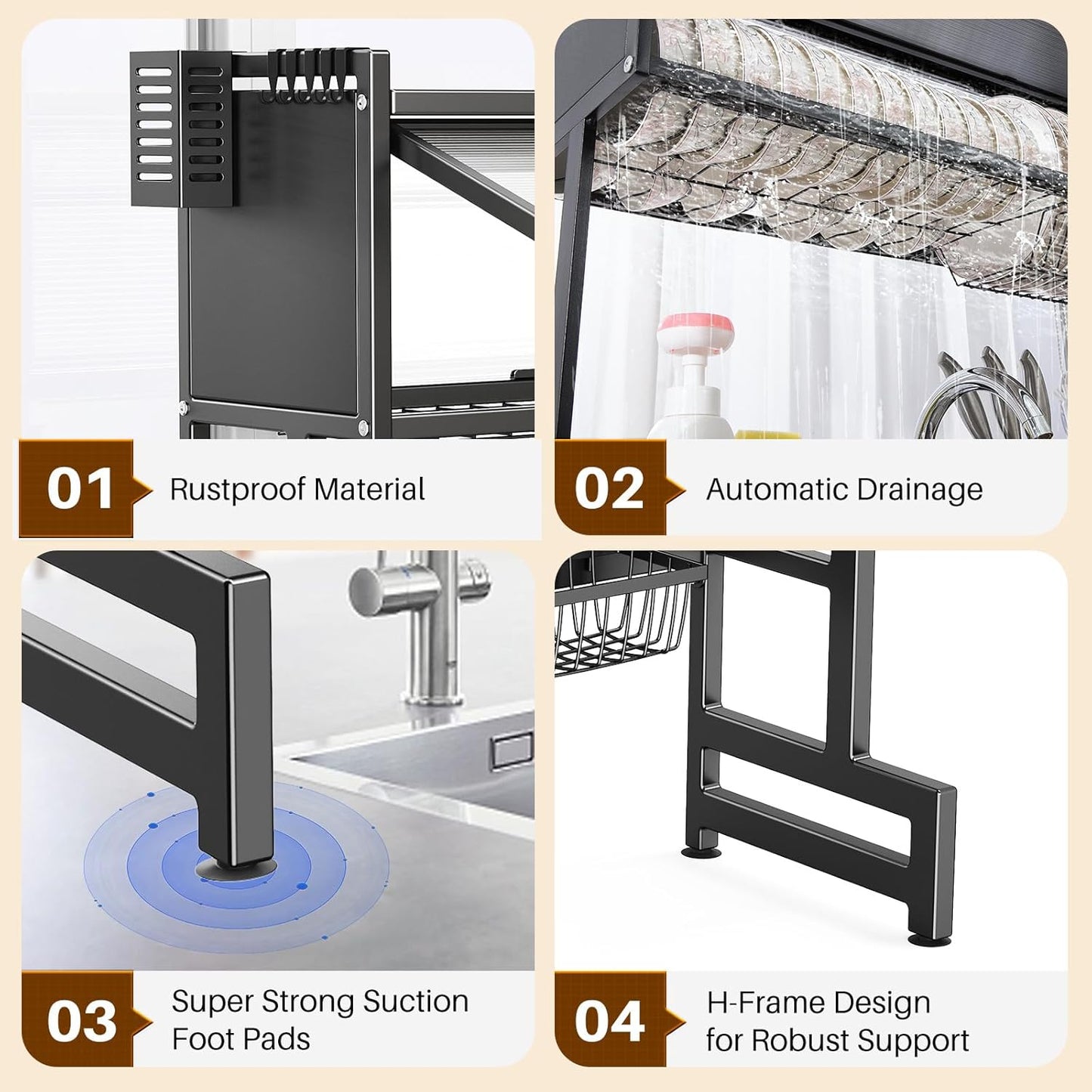 Over The Sink Dish Drying Rack - Adjustable Dish Rack for Kitchen Counter, Metal (Black-41.34Inches)