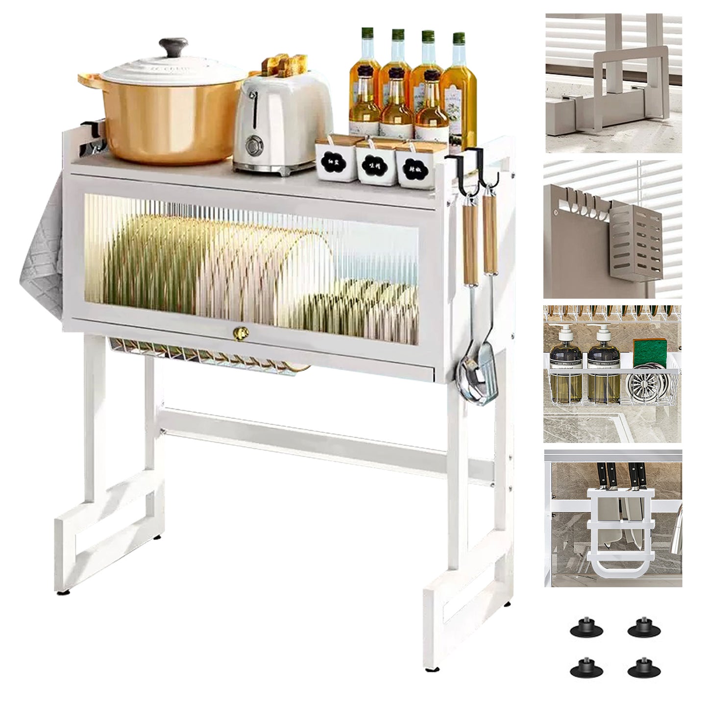 Over The Sink Dish Drying Rack, 2 Tier Metal Steel Dish Drying Racks for Kitchen Counter with Hooks Paper Towel Utensil Cup Holder Sink Caddy (White-37.4"L)