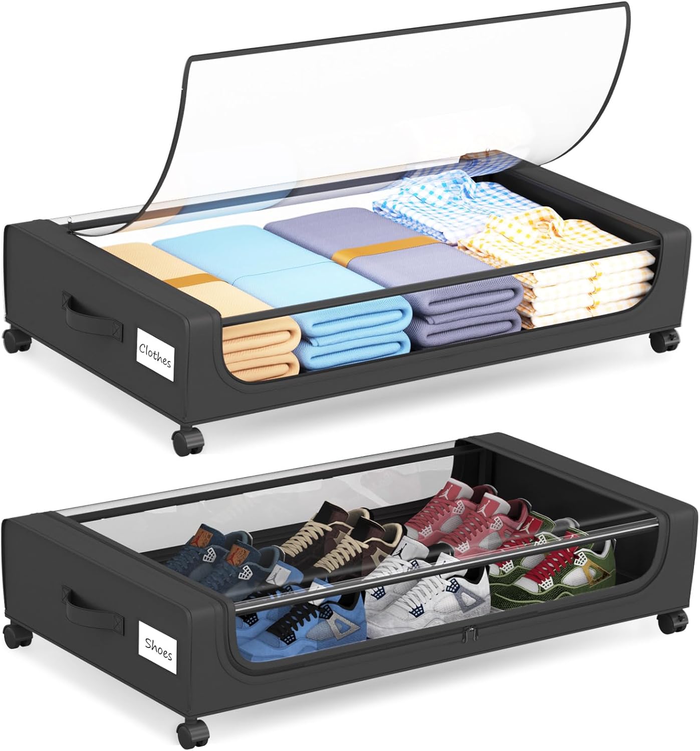 Under Bed Storage with Wheels, Under Bed Storage Containers, Under the Bed Storage Organizer with Clear Lids - Rolling Drawers & Bins for Clothes,Shoes,Toys, 2-Pack (Black)