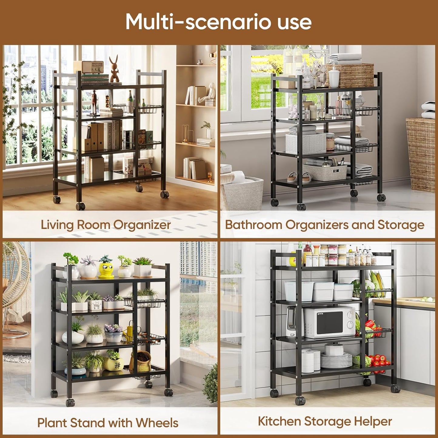 CATGOOD Kitchen Metal Shelf with 3 Baskets, 4 Tiers Multi-Functional Shelf with Wheels, Multi-Layer Mobile Kitchen Shelf Free Standing, Suitable for Kitchen, Bedroom, Living Room, and Balcony, Black