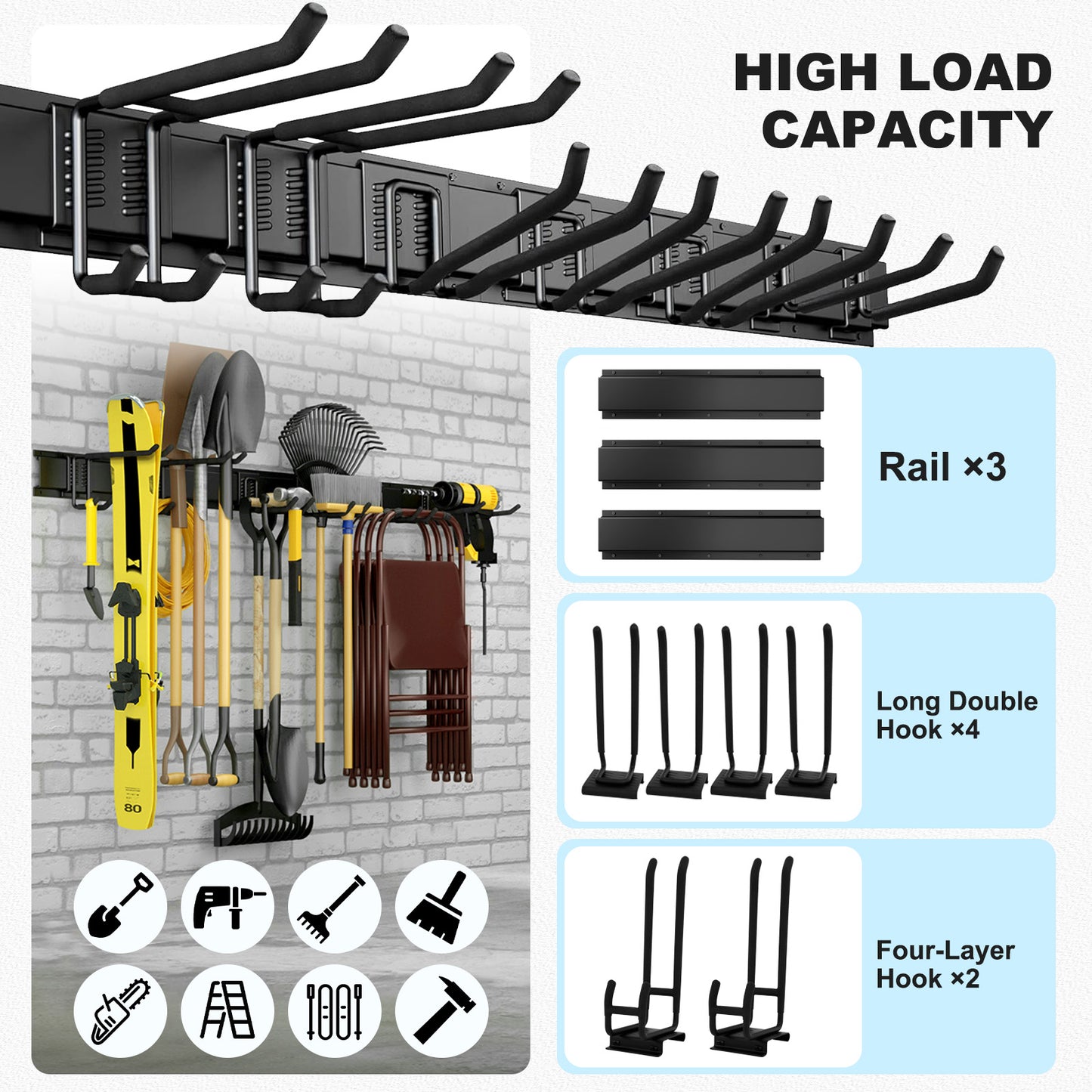 ALSO GO Wall Mount Tool Storage Rack with Hooks, Garage Tool Storage Rack, Heavy Duty Garage Storage Organizer, Hold up to 440LBS, Black