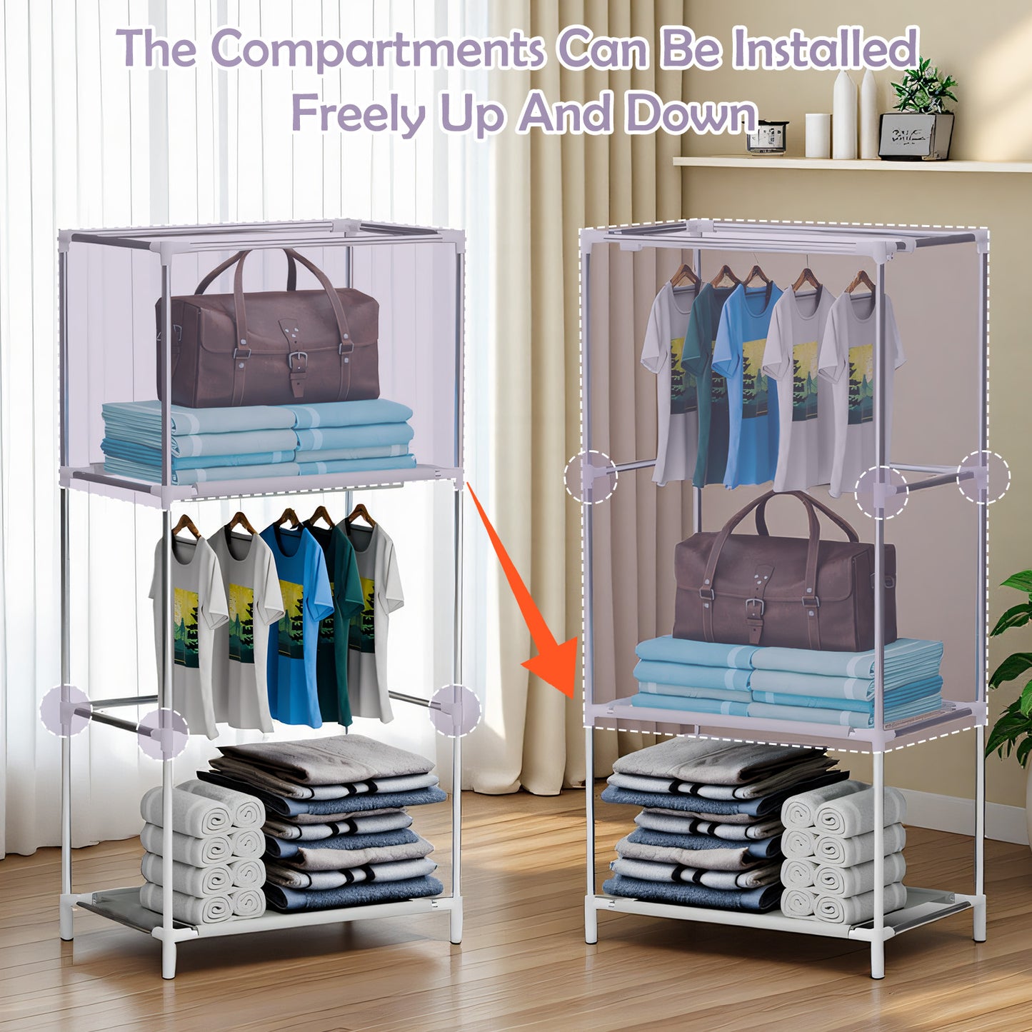 Wardrobe Closet for Hanging Clothes, Bedroom Clothes Closet Storage Organizer, Fabric Wardrobe, Portable Closet with Hanging Rods, Gray
