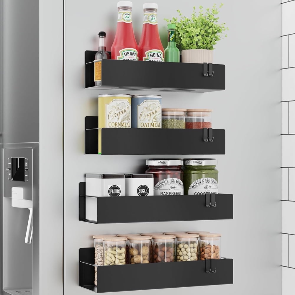 Magnetic Spice Rack for Refrigerator, 4 Pack Moveable Fridge Magnetic Spice Racks, Strong Metal Magnetic Shelves for Refrigerator