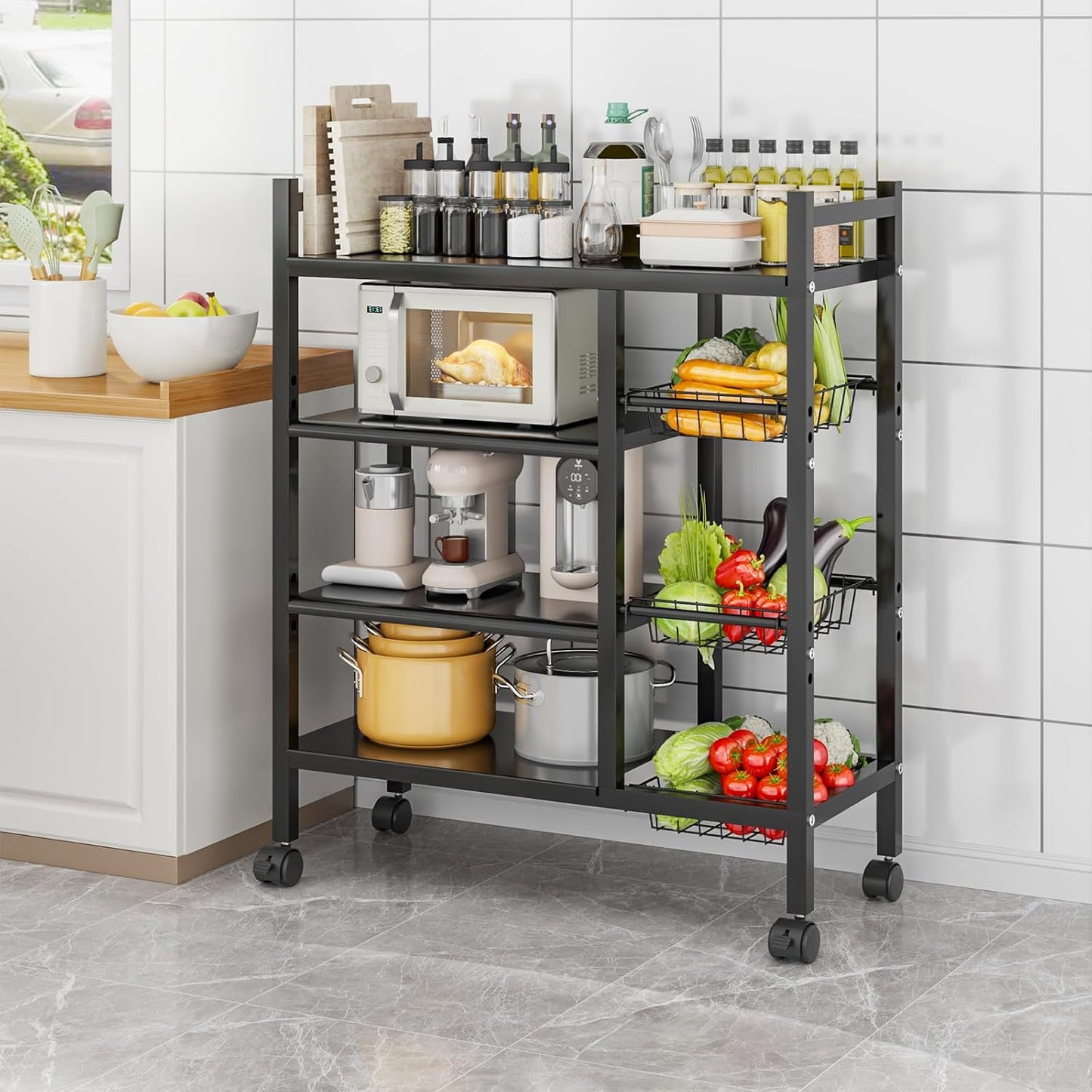 CATGOOD Kitchen Metal Shelf with 3 Baskets, 4 Tiers Multi-Functional Shelf with Wheels, Multi-Layer Mobile Kitchen Shelf Free Standing, Suitable for Kitchen, Bedroom, Living Room, and Balcony, Black