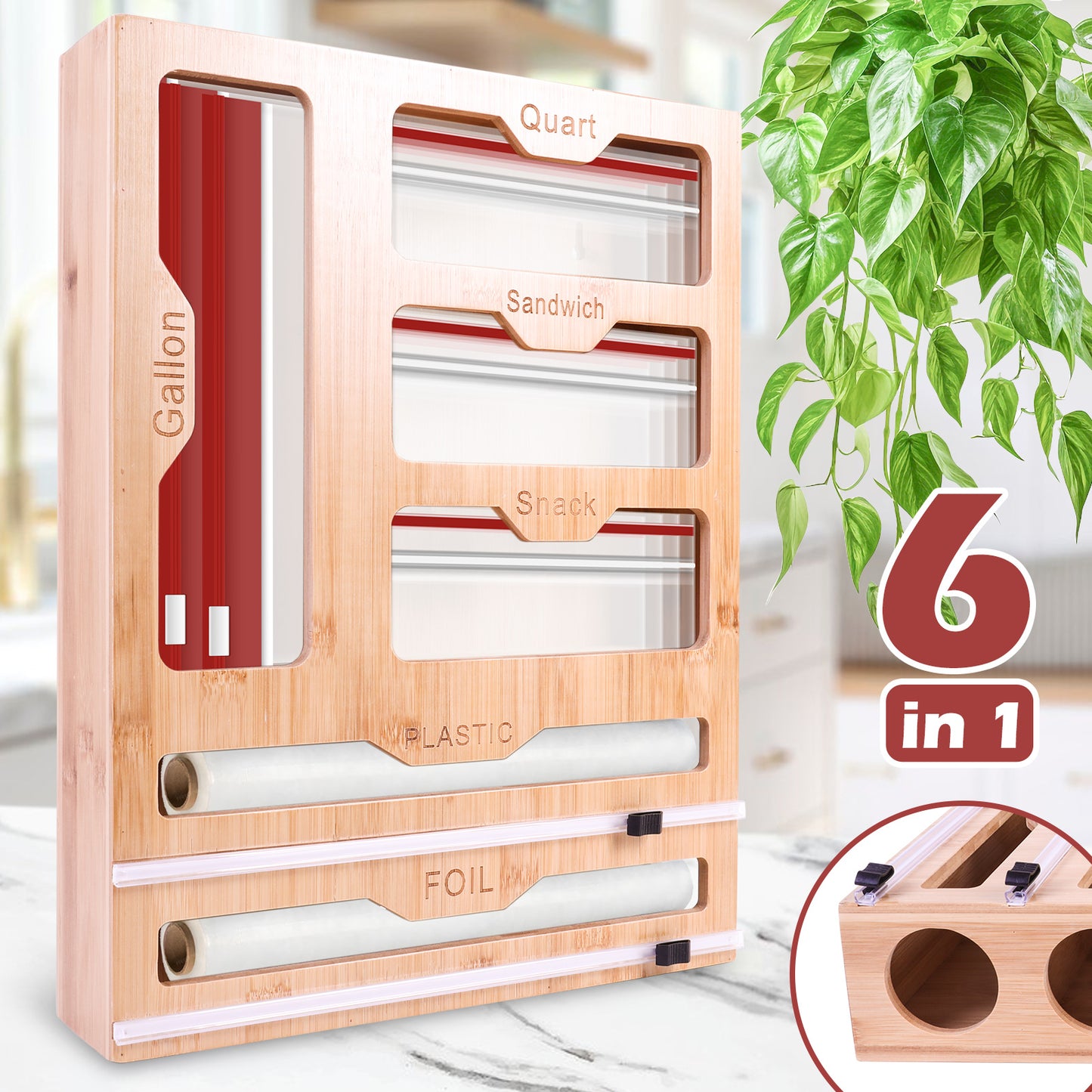 Bamboo Sealed Bag Ziplock Bag Storage Organizer for Kitchen Drawer,6 In 1 Wrap Dispenser Organizer With Cutter for Kitchen Drawer,Plastic Bag Storage for Gallon, Quart, Sandwich, Snack