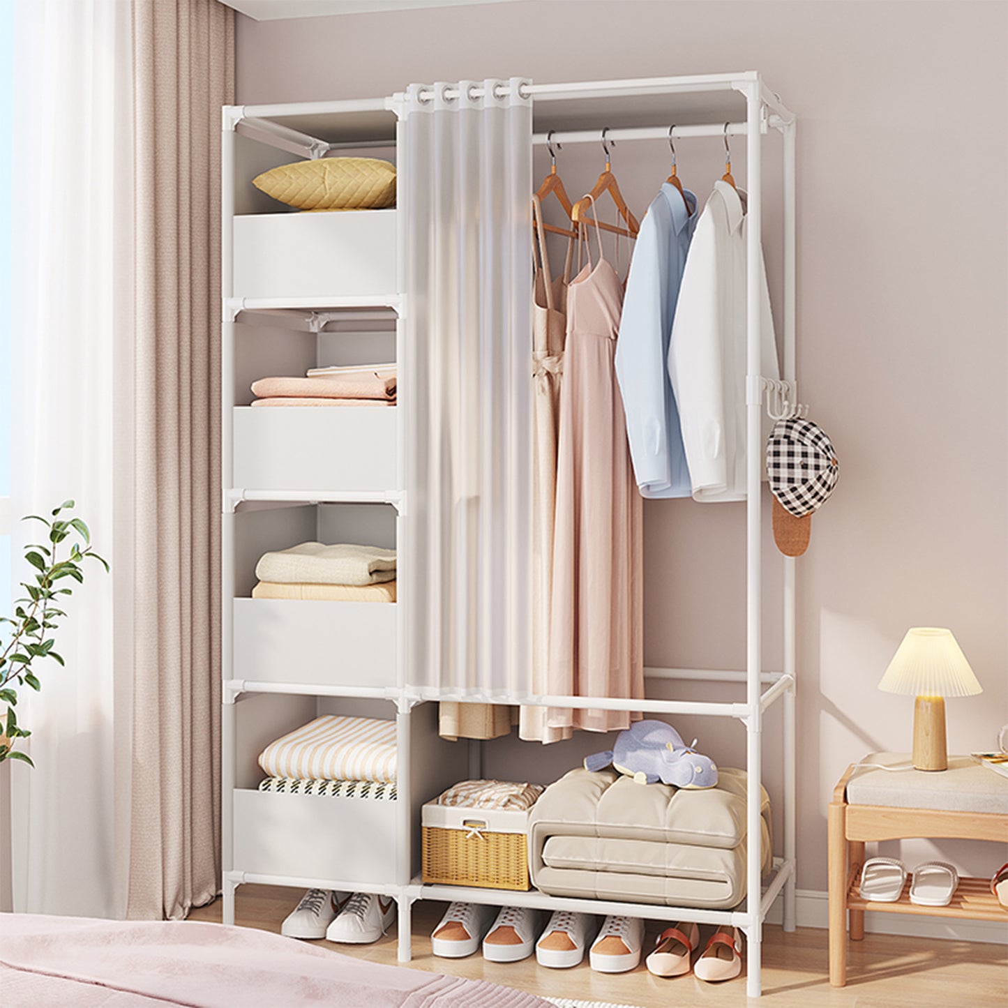 Clothes Rack, Portable Closet, Freestanding Closet Organizer with Curtain, 4 Tier Garment Rack for Bed Room, White