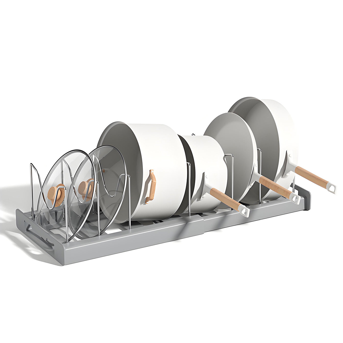 Expandable Pan Organizer with 12 Adjustable Shelves, Multifunctional Pots and Pans Organizer Rack for Kitchen Cabinets, Stainless Steel Pot Rack Lid Holder, Gray