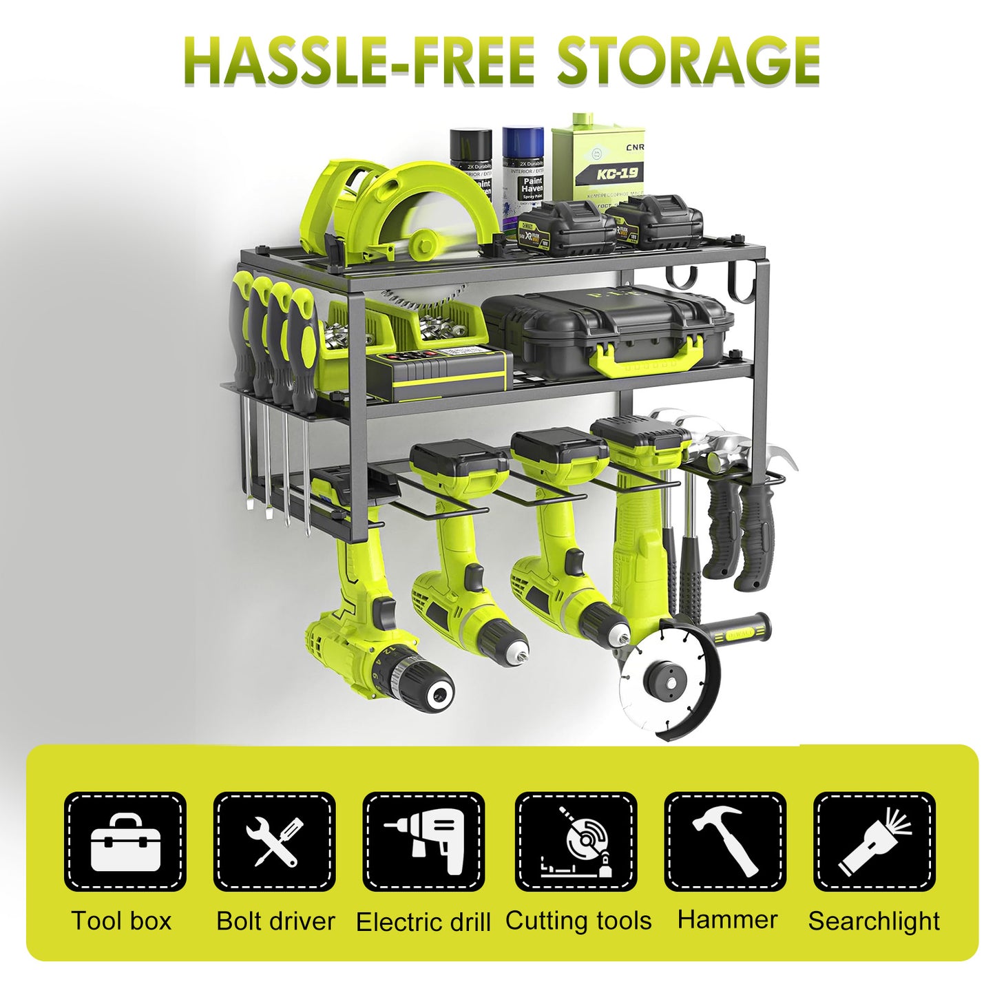 ALSO GO Power Tool Organizer, 3 Layers Storage Rack with 4 Drill Holders, Garage Storage Shelving Wall Mounted, Floating Tool Shelf Wall Mounted