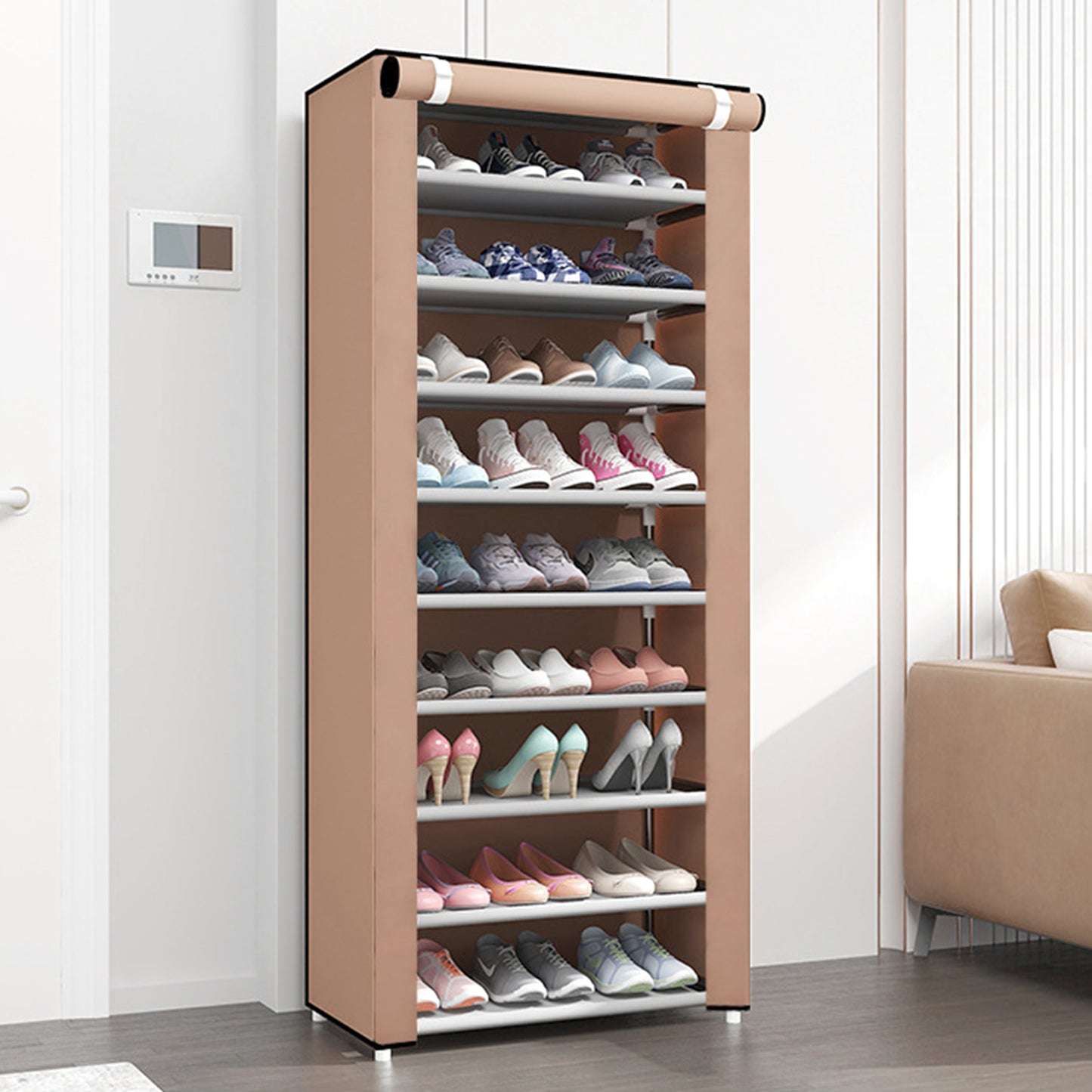 Portable Shoe Rack, 10-Tier 27 Paris Shoe Storage Cabinet with Cover, Non-Woven Fabric Shoe Storage Organizer, 9 Lattices Shoe Cabinet Tower Shelf Closet Coffee