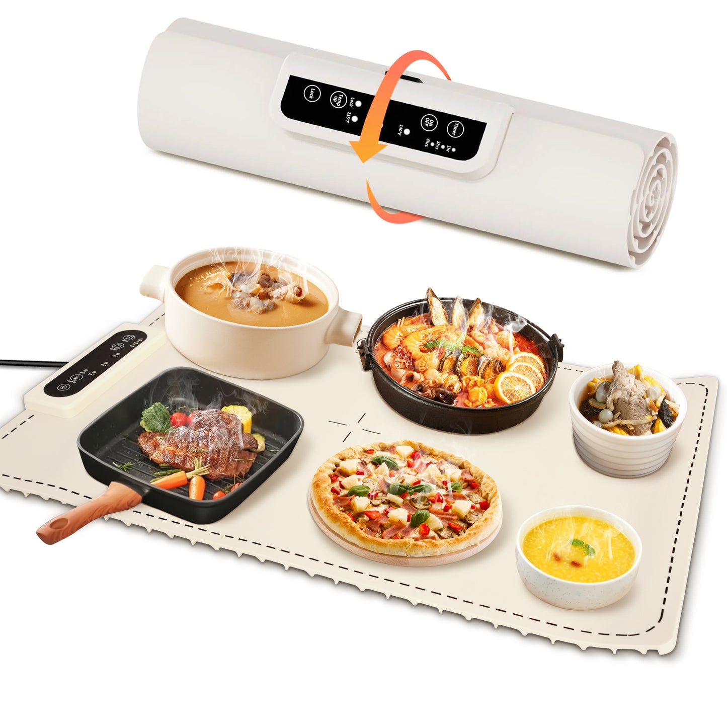 Food Warming Mat with 3-Level Digital Temperature Control, Watorproof and Foldable Electric Warming Tray, Silicone Heating Mat for Buffets Parties Gatherings and Daily Use, White