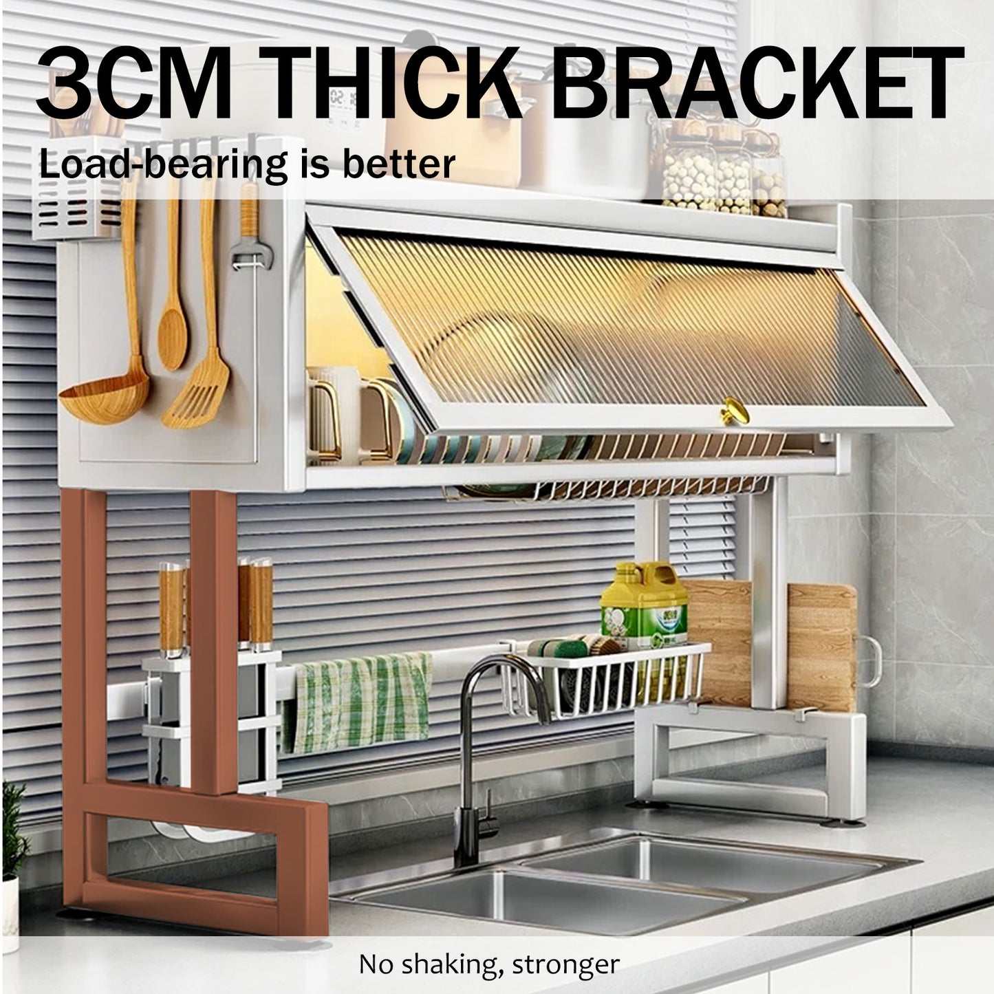Kitchen Sink Countertop Dustproof Storage Rack, Multifunctional Organizer for Drying Dishes, Glasses, Bowls, and Utensils, White, Length-25.6"