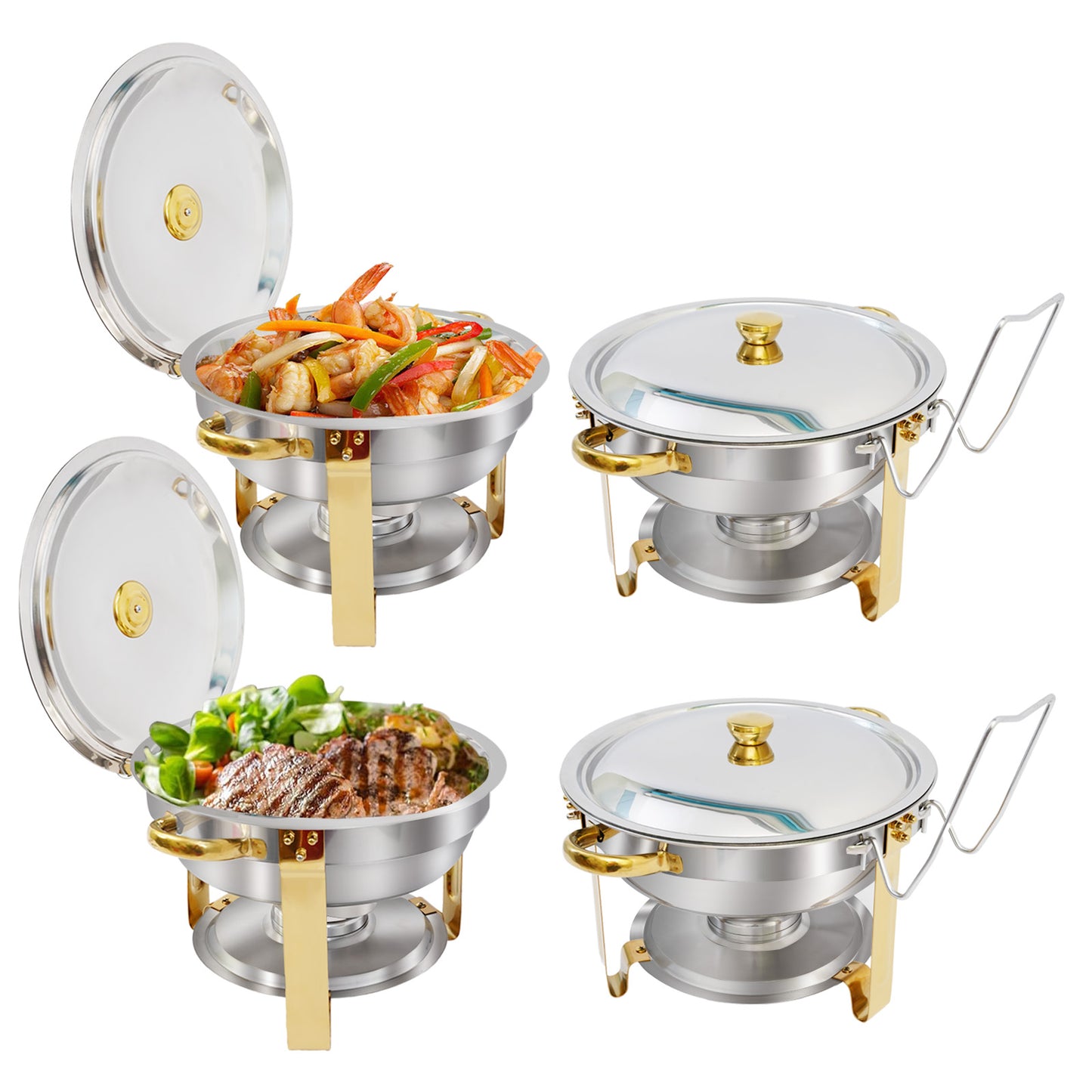 CATGOOD Chafing Dish Buffet Set 4 Pack 5QT Round Half-Gold Plated Stainless Steel Chafing Dish with Stainless Steel Lid, Buffet Warmer Set, for Home Gatherings, Christmas Parties, Catering Events