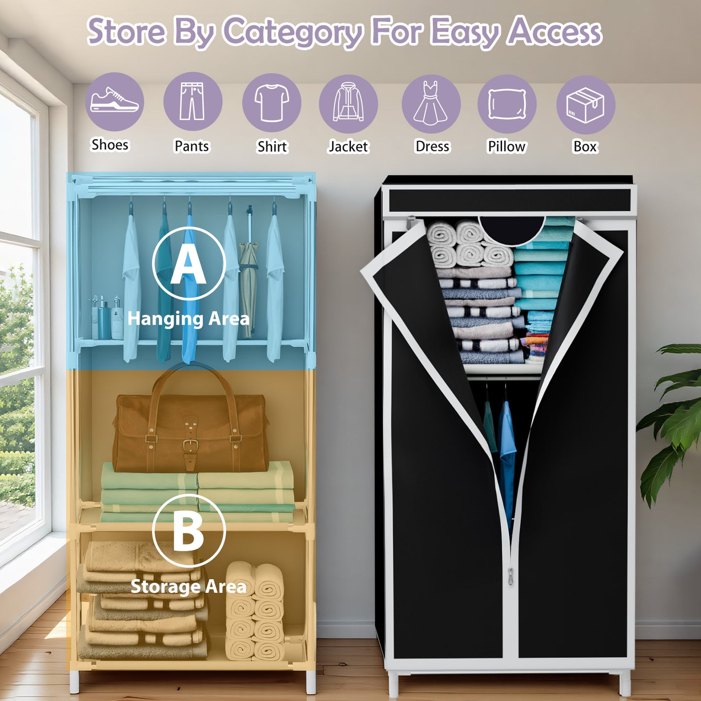 Portable Closet with Hanging Rods, Wardrobe Closet for Hanging Clothes, Bedroom Clothes Closet Storage Organizer, Fabric Wardrobe, for Hanging Clothes, Black