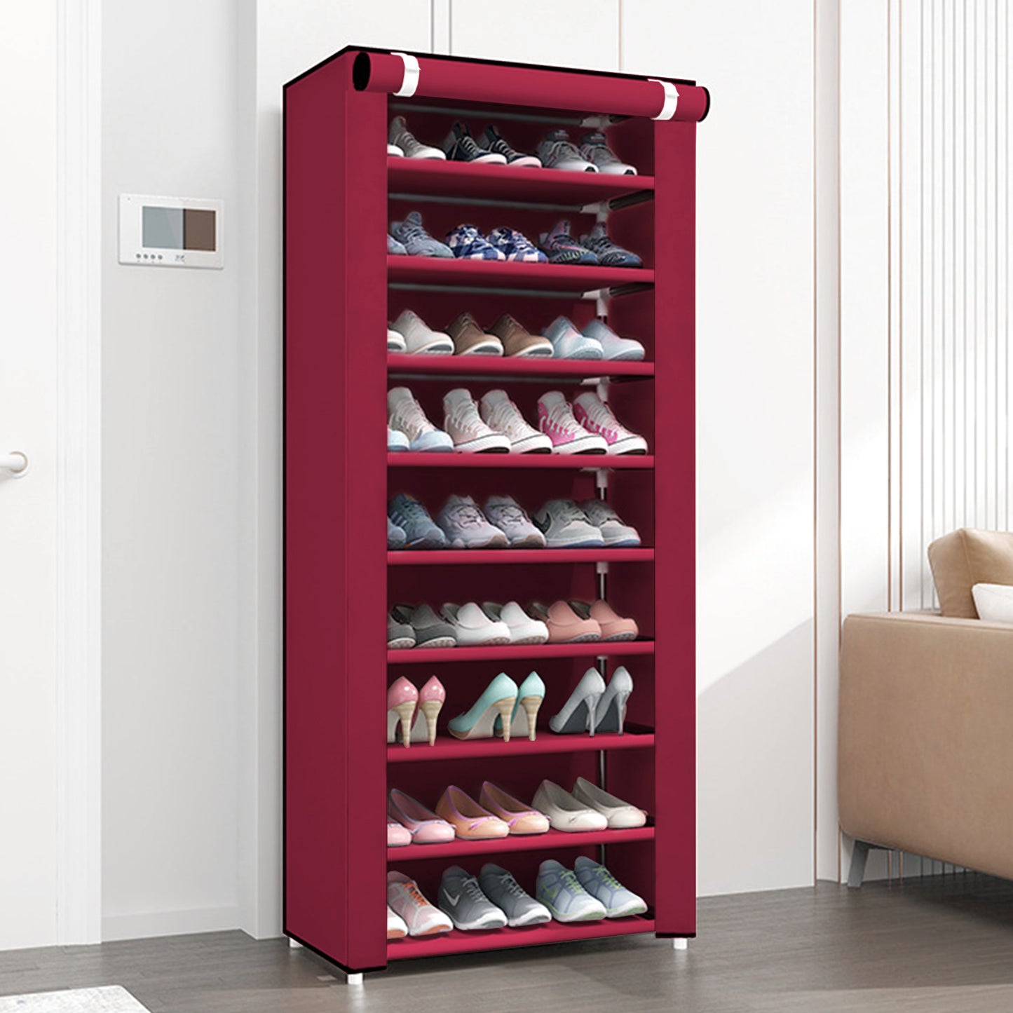 Portable Shoe Rack, 10-Tier 27 Paris Shoe Storage Cabinet with Cover, Non-Woven Fabric Shoe Storage Organizer, 9 Lattices Shoe Cabinet Tower Shelf Closet Wine Red