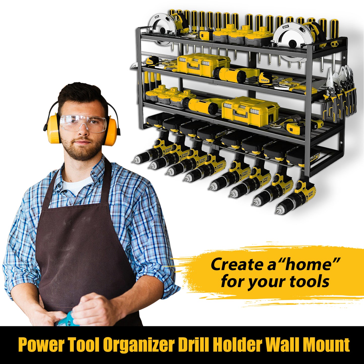 CATGOOD Power Tool Organizer, 8 Drill Holder Wall Mount, 4 Layer Heavy Duty Metal Tool Storage Rack, Battery Tools Holder Shelf,Utility Tool Shelves for Workshop or Garage, Black