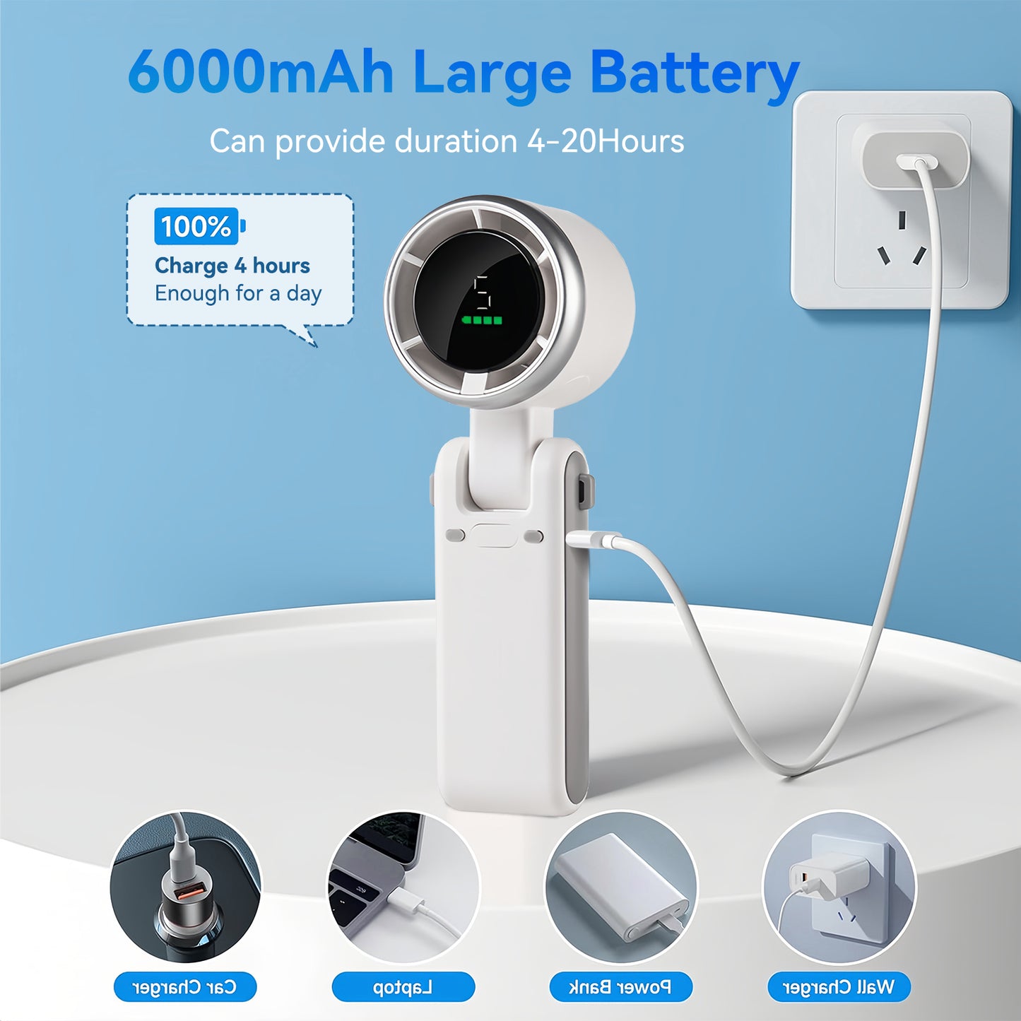 Portable Handheld Fan,5 Gear Wind,6000mAh Adjustable Air Turbo Tech Cooling Fan,12 Hour Runtime,3 in 1 Hand Fan for Outdoor Activities, Travel, Working (White)
