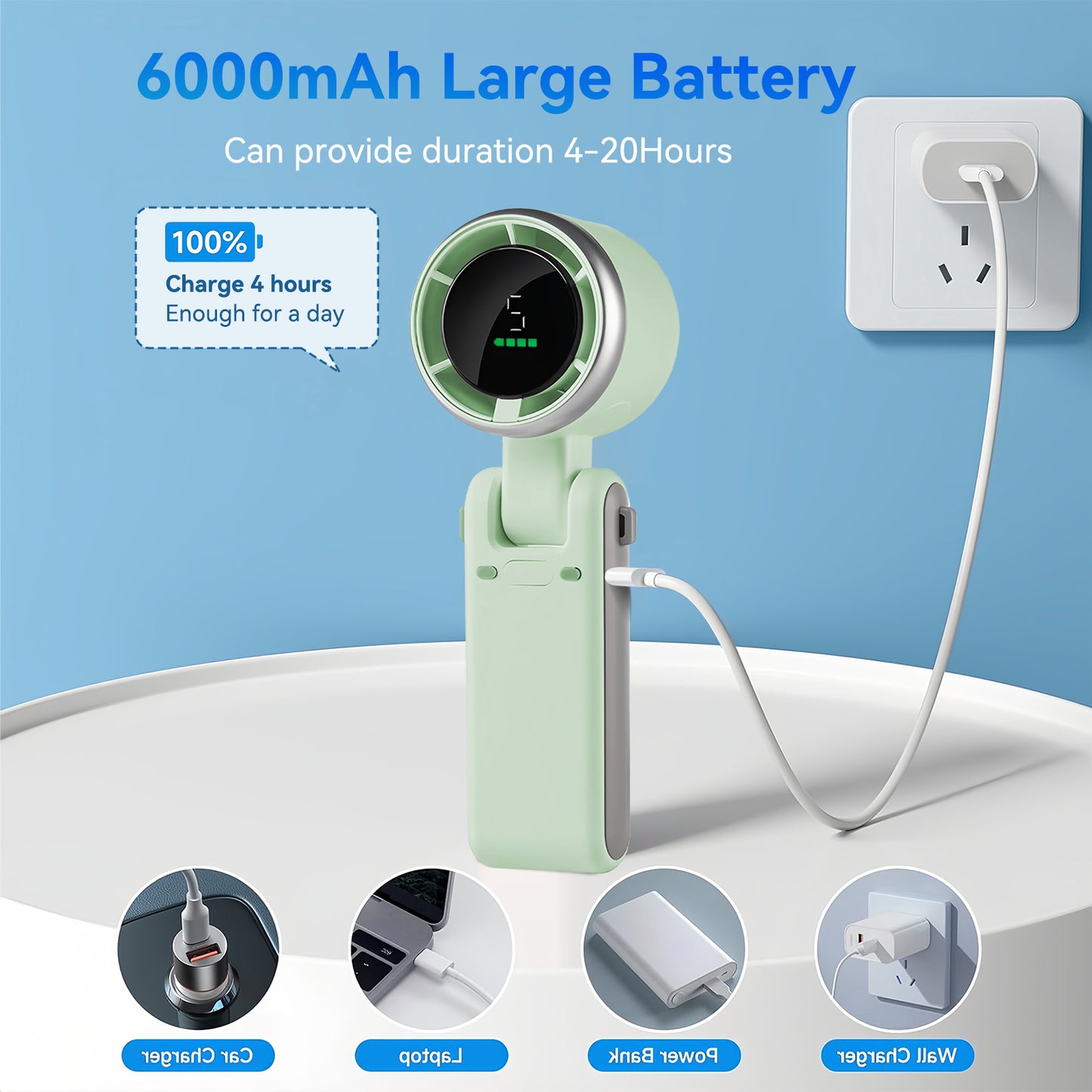 Portable Handheld Fan,Battery Personal Fan Portable Rechargeable,12 Hours Pocket Fan,3 IN 1 Hand Held Fan, Portable Fan for Travel/Outdoor/Indoor(Green)