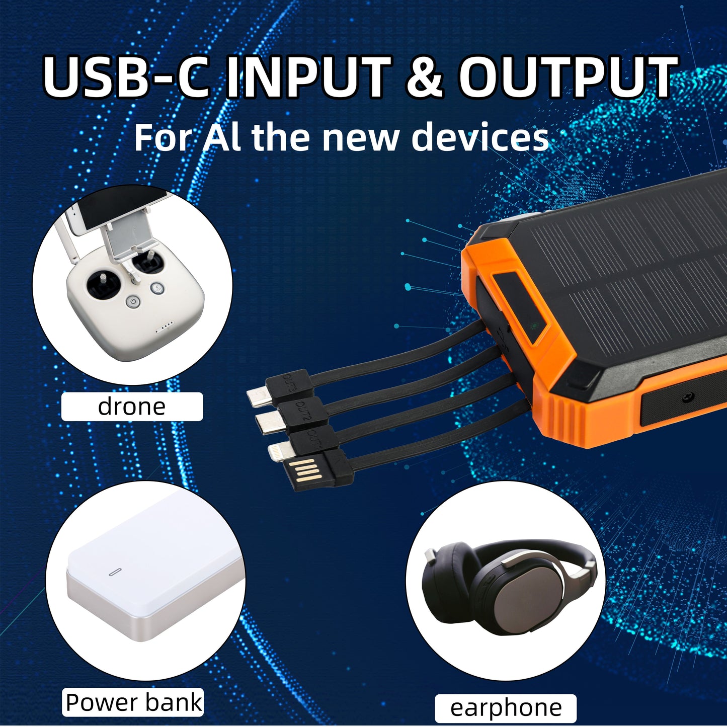 Baokaler 36000mAh Solar Power Bank Battery Pack Qi Wireless, Portable Wireless Charger with 4 Cables