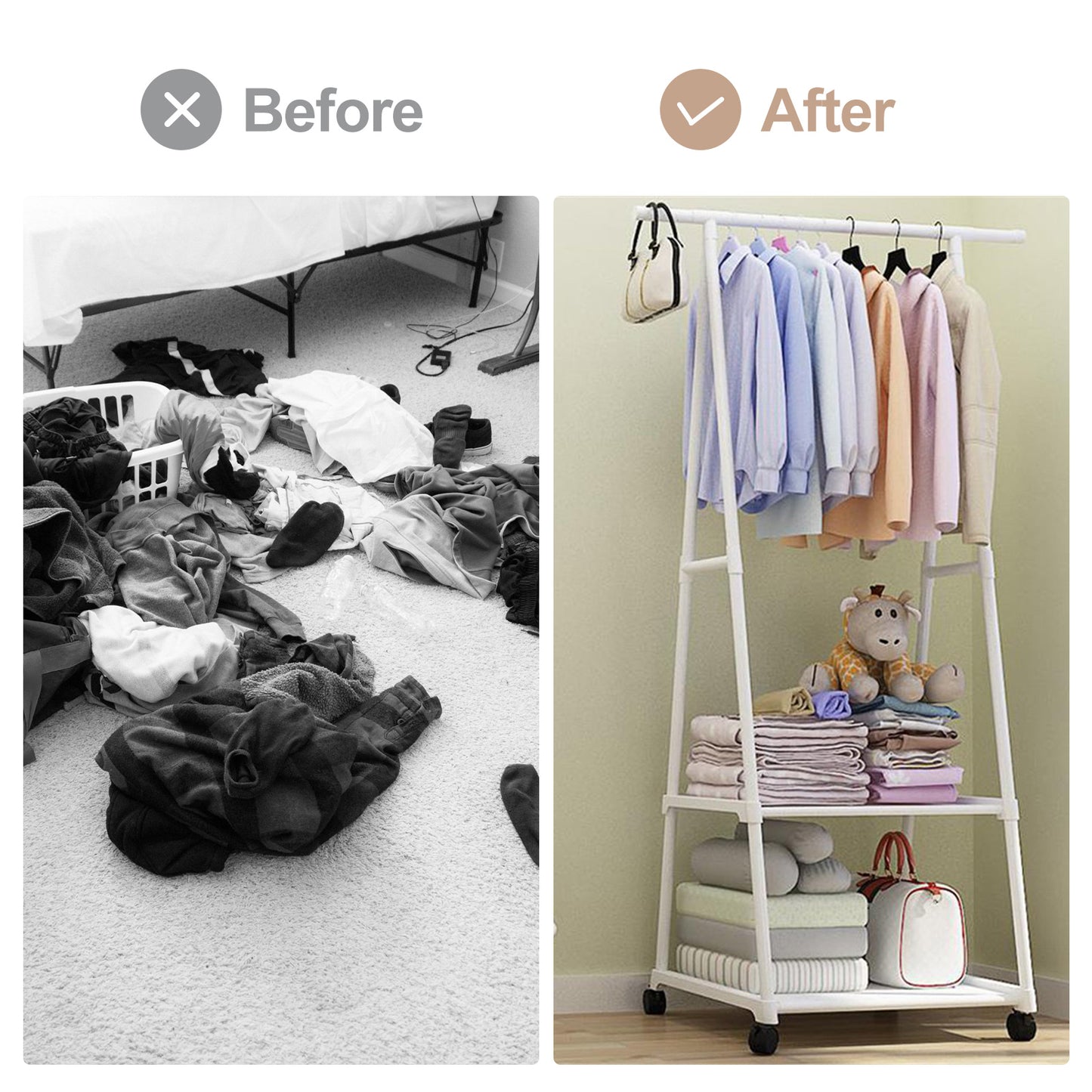 Clothes rack on Wheels, Triangle Coat rack, rolling Garment rack, 2 Tier rolling Clothes rack, Coat Hanging rack, Portable Garment Laundry rack for Home Office Dorm White