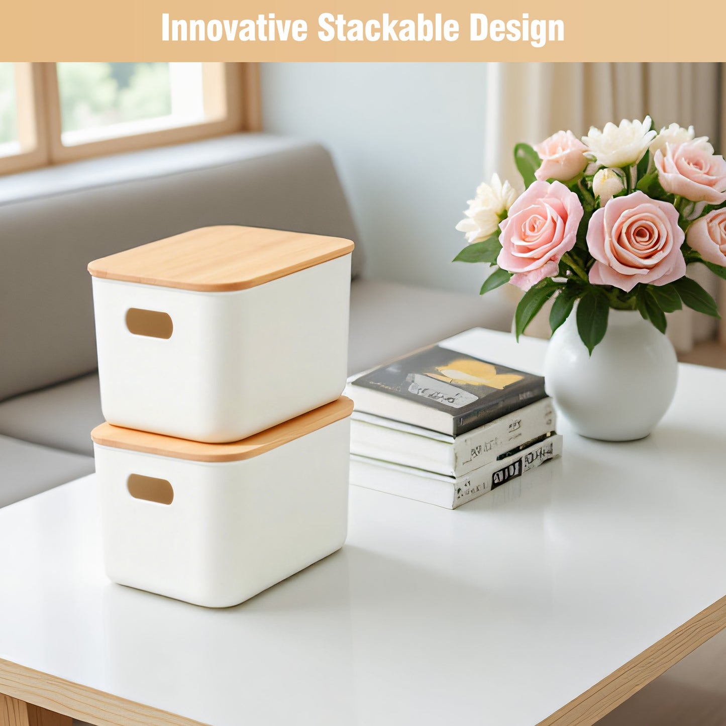 CATGOOD 2PCS Premium Minimalist Storage Boxes with Bamboo Lids, Plastic Storage Baskets, White Stackable Storage Bins with Lids for Kitchen, Cabinet, Bathroom, 10.24"x7.09"x6.3"