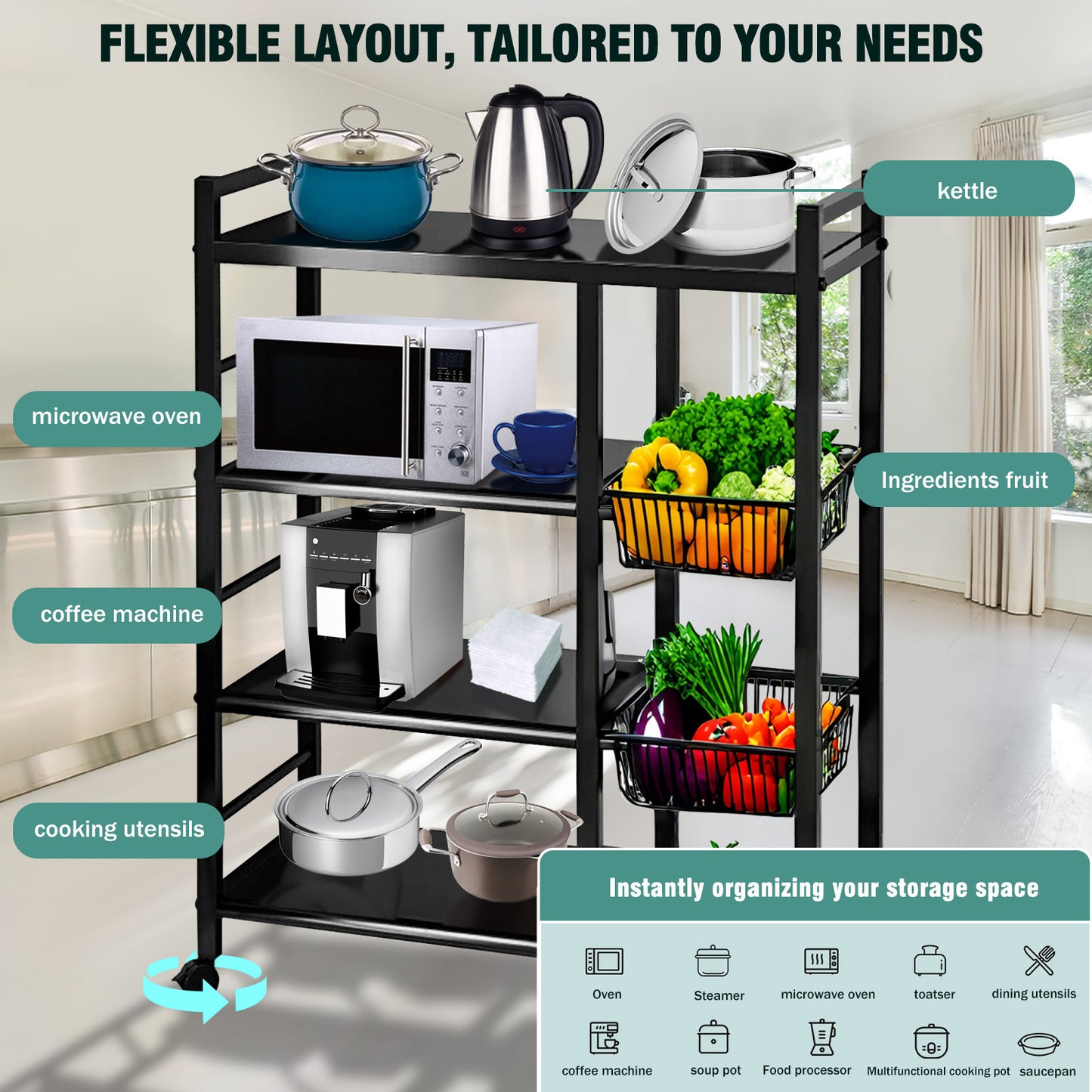 Freestanding Kitchen Storage Rack, Multi-Functional Multi-Layer Mobile Storage Shelf, 4 Tiers with 3 Baskets, Suitable for Kitchen, Bedroom, Living Room, and Balcony