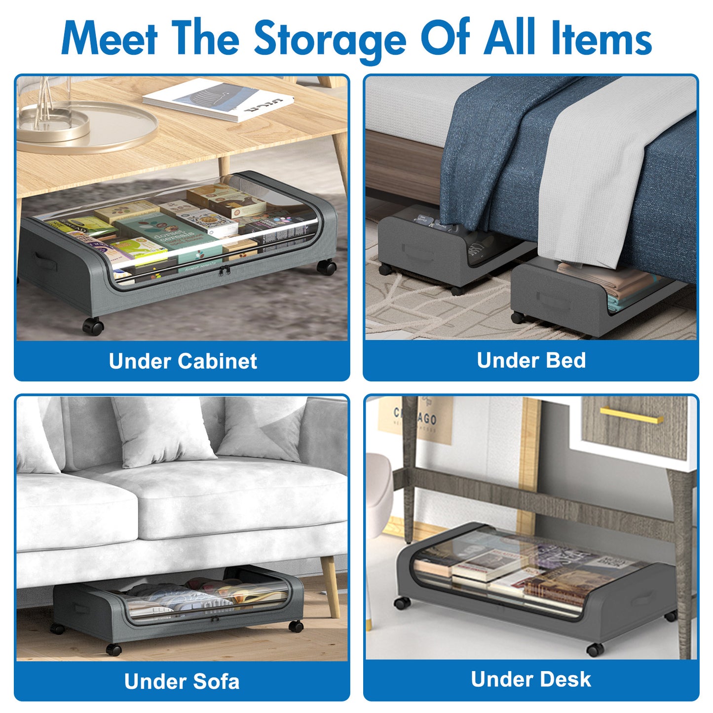 Under Bed Storage with Wheels, 2 Pack Under Bed Storage Containers, Under Bed Shoe Storage Organizer, Rolling Under Bed Metal Drawer for Clothes, Gray