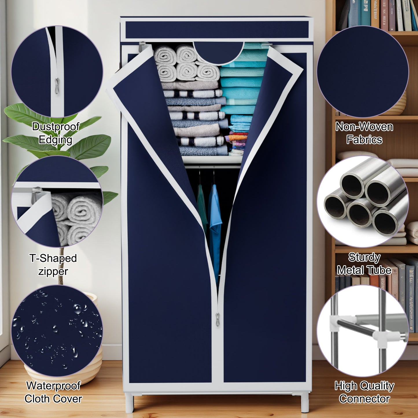 Bedroom Clothes Closet Storage Organizer, Fabric Wardrobe, for Hanging Clothes, Wardrobe Closet for Hanging Clothes, Navy Blue