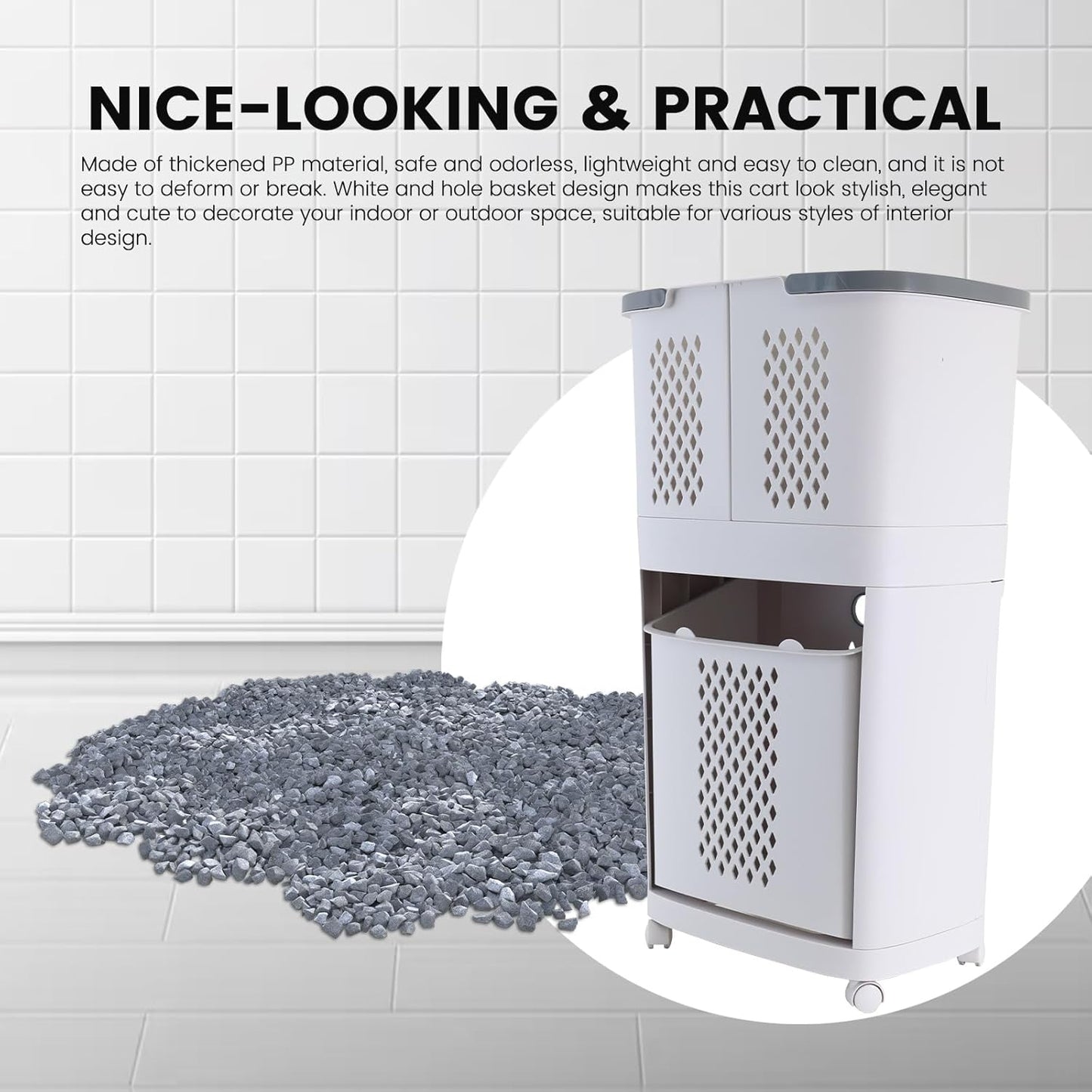 2 Tier Rolling Laundry Hamper Sorter, Removable Laundry Basket Cart with Wheels and Handle, White Portable Storage Baskets with 3 Deep Baskets for Kitchens, Bathrooms, Bedrooms and Laundry Rooms