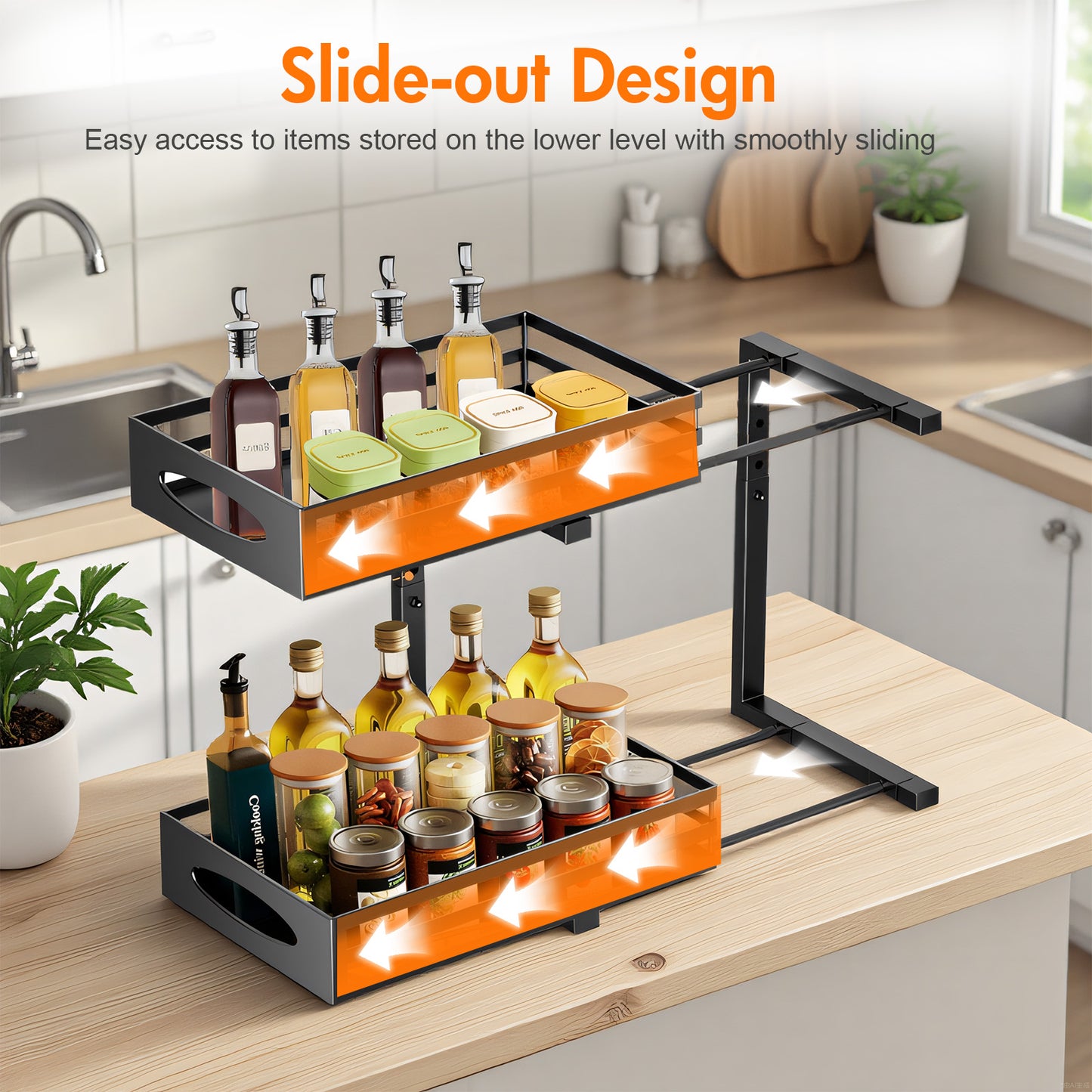 CATGOOD Under Sink Organizer, Multifunctional Pull-Out Under Sink Storage, 2-Tier Under Kitchen Sink Organizer, Waterproof Metal Storage Rack with Sliding Drawer for Kitchen and Bathroom, Black