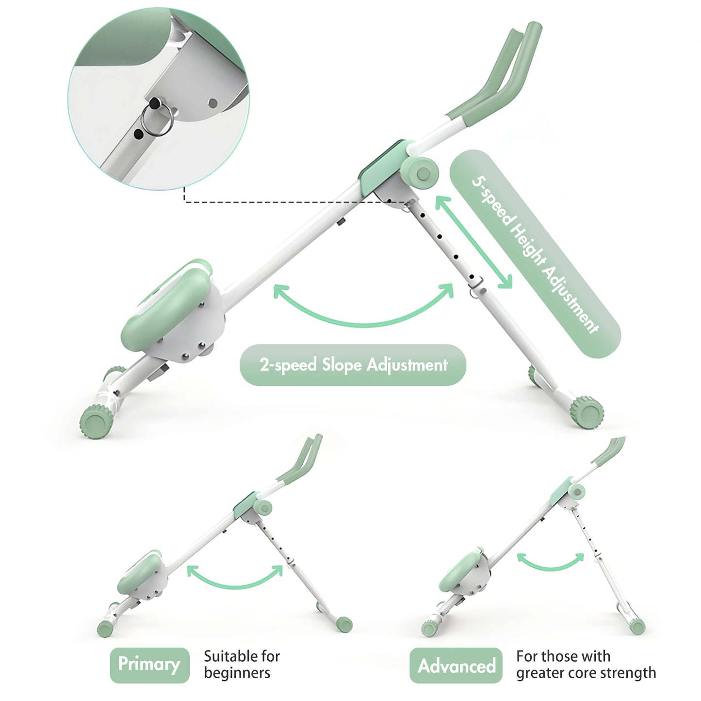 Adjustable Ab Machine, Abdominal Trainers for Full Body Workout, Foldable Abdominal Exercise with Knee Protection, Green