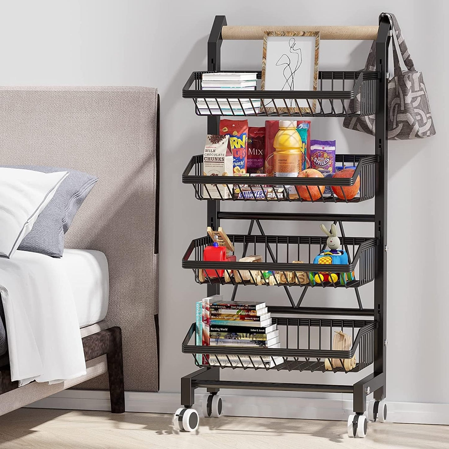 Kitchen Storage Cart with Wheels, 4-Tier Detachable Rolling Cart, Kitchen Vegetable and Fruits Utility Shelf Rack