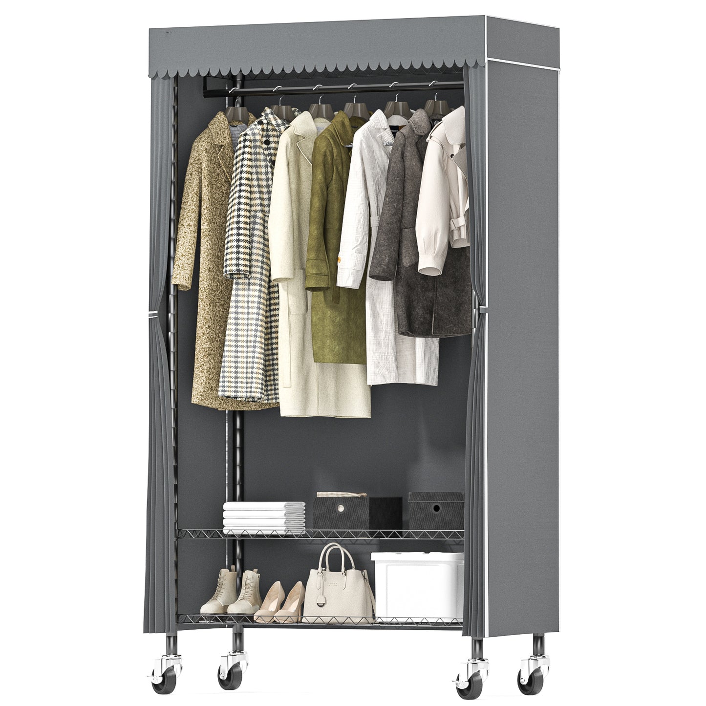 Heavy Duty Wardrobe Rack with Gray Dust Cover, Rolling Clothes Rack for Hanging Clothes, Freestanding Garment Rack with 2-Tier Storage Shelf Wheels Hanging Rod Cover, 35.4"x17"x72.4", Black