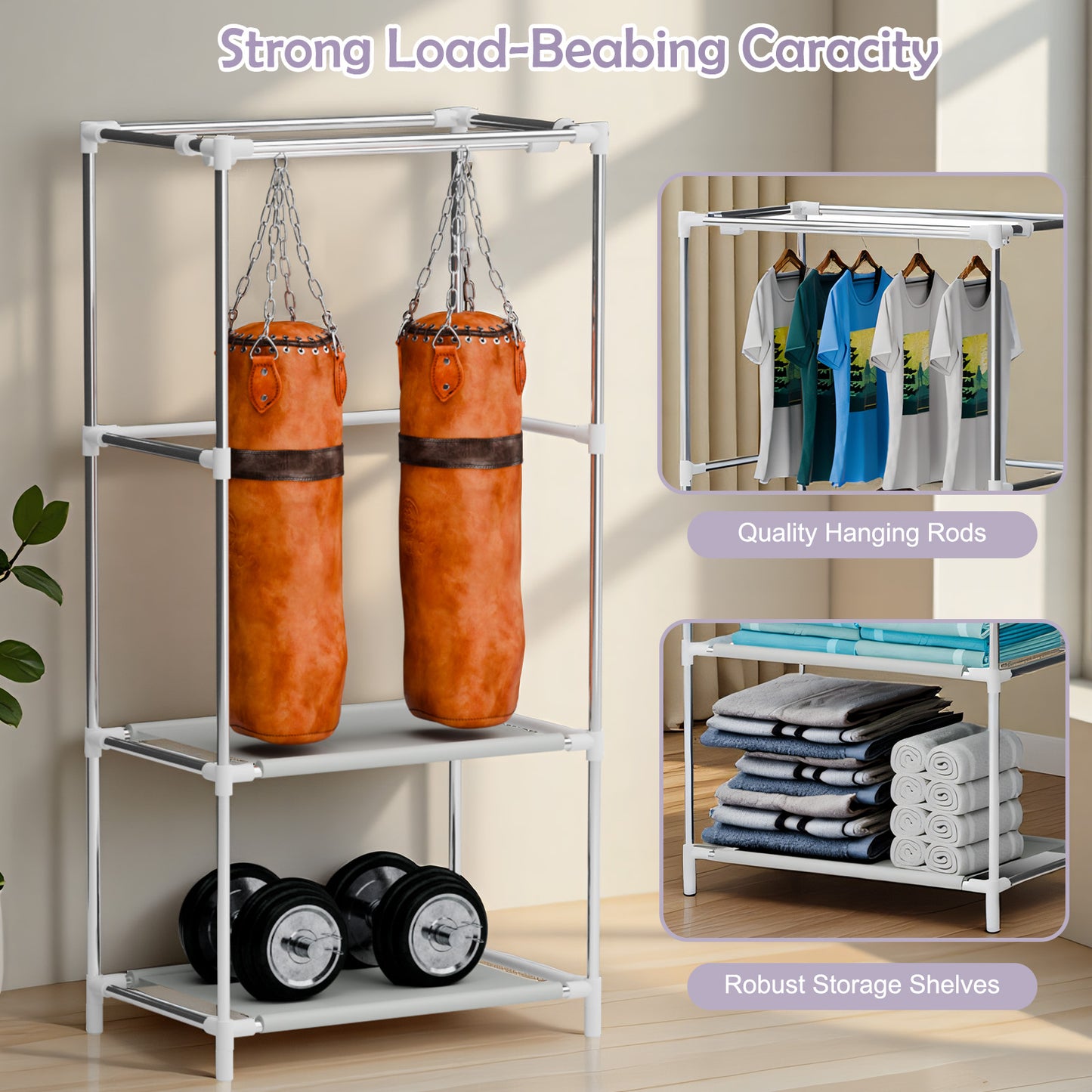 Wardrobe Closet for Hanging Clothes, Bedroom Clothes Closet Storage Organizer, Fabric Wardrobe, Portable Closet with Hanging Rods, Gray