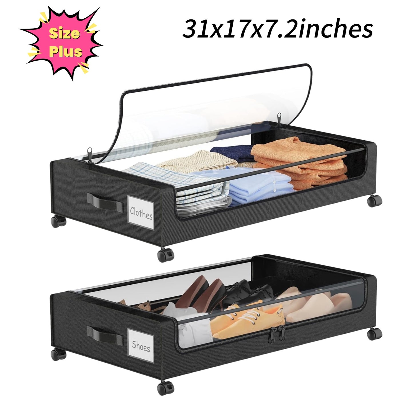 Under Bed Storage with Wheels, Under Bed Storage Containers, Under the Bed Storage Organizer with Clear Lids - Rolling Drawers & Bins for Clothes,Shoes,Toys, 2-Pack (Black)