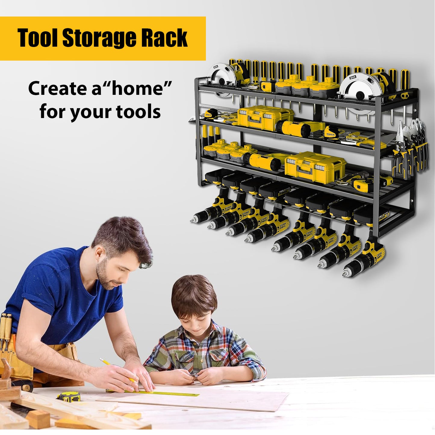 CATGOOD Power Tool Organizer, 8 Drill Holder Wall Mount, 4 Layer Heavy Duty Metal Tool Storage Rack, Battery Tools Holder Shelf,Utility Tool Shelves for Workshop or Garage, Black